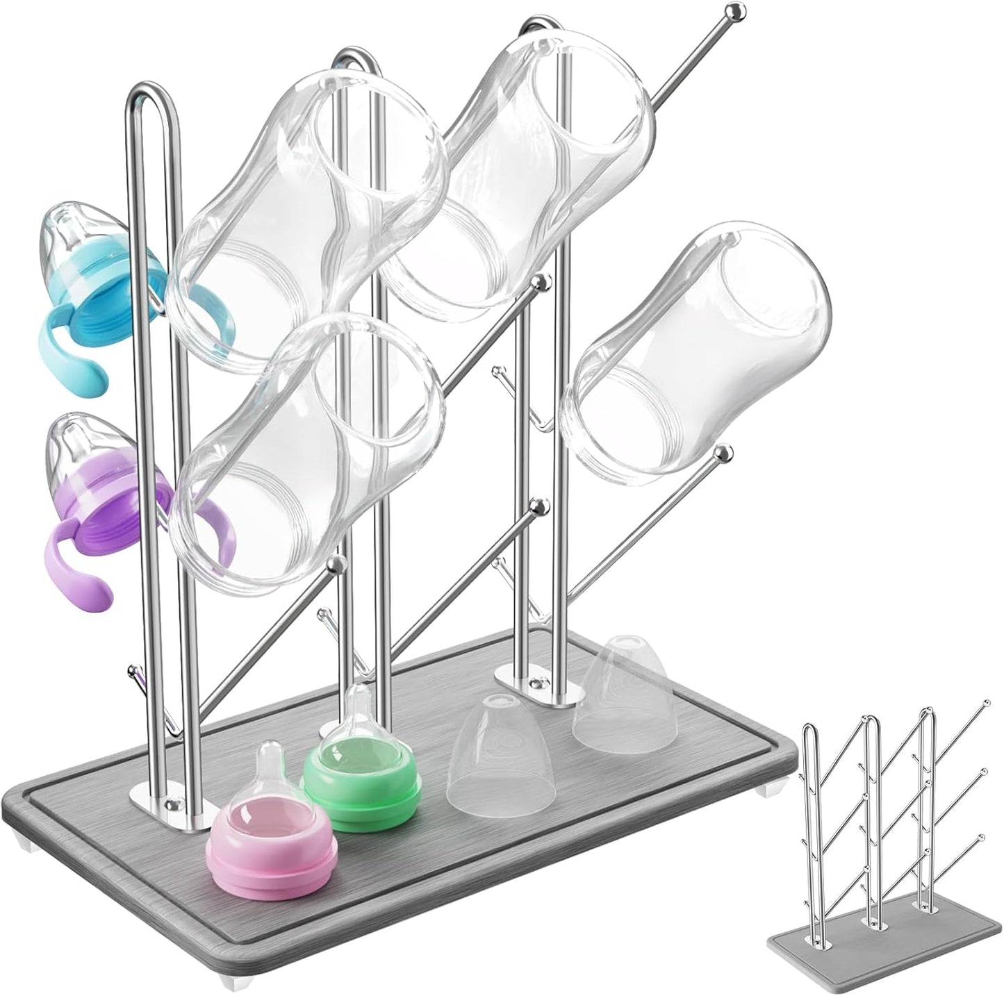 NiHome Baby Bottle Drying Rack with Diatomite Base & Stainless Steel Frame, Foldable Countertop Organizer Holds 9 Bottles, Space-Saving Stand for Water Bottles, Lids, Reusable Bags & More