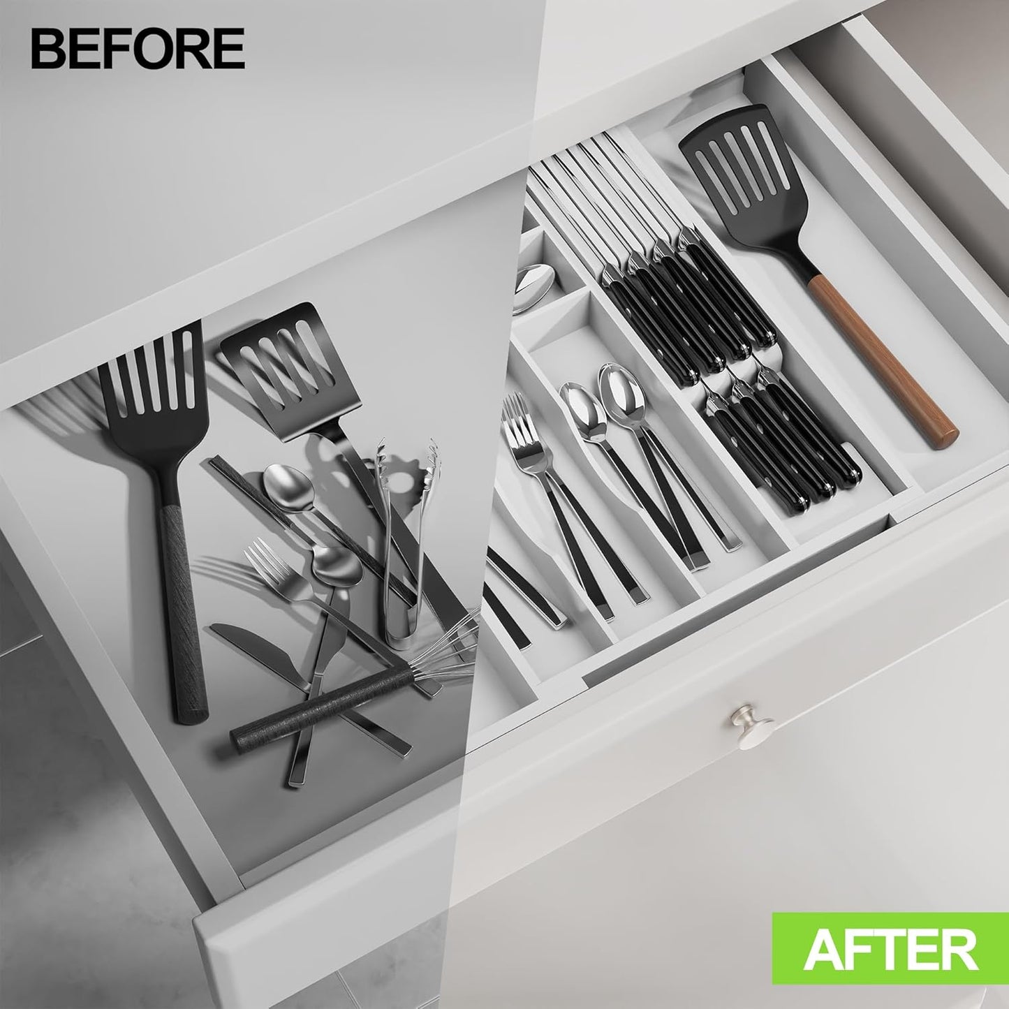 Bamboo Kitchen Drawer Organizer, Expandable Utensil Organizer with Removable Knife Block, Cutlery Tray Holder with Divider, Adjustable Silverware Organizer, White