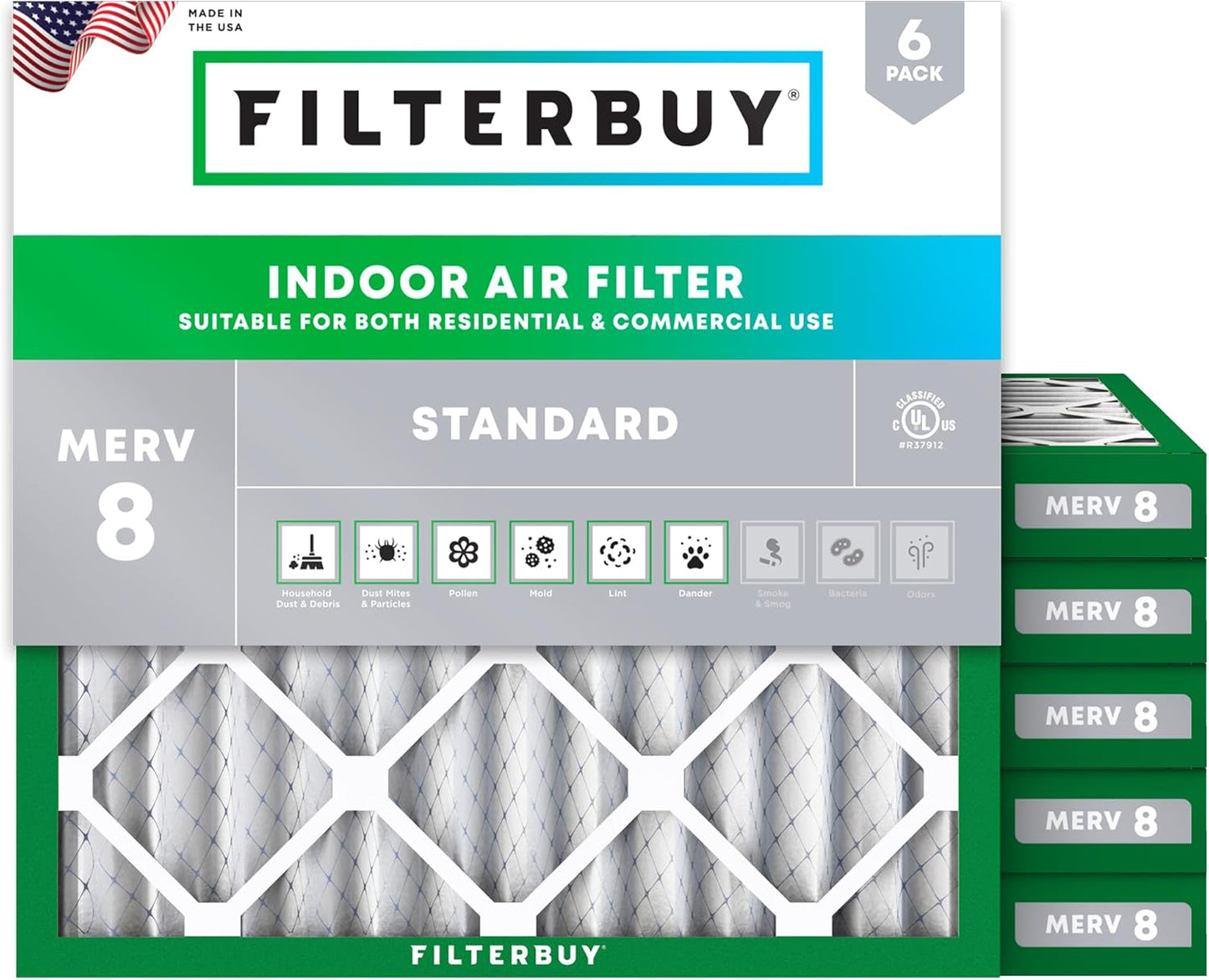 Filterbuy 18x18x2 Air Filter MERV 8 (MPR 700) Dust Defense Replacement (6-Pack), Electrostatic Pleated HVAC AC Furnace Filters, Made in USA (Actual Size: 17.75 x 17.75 x 1.75)