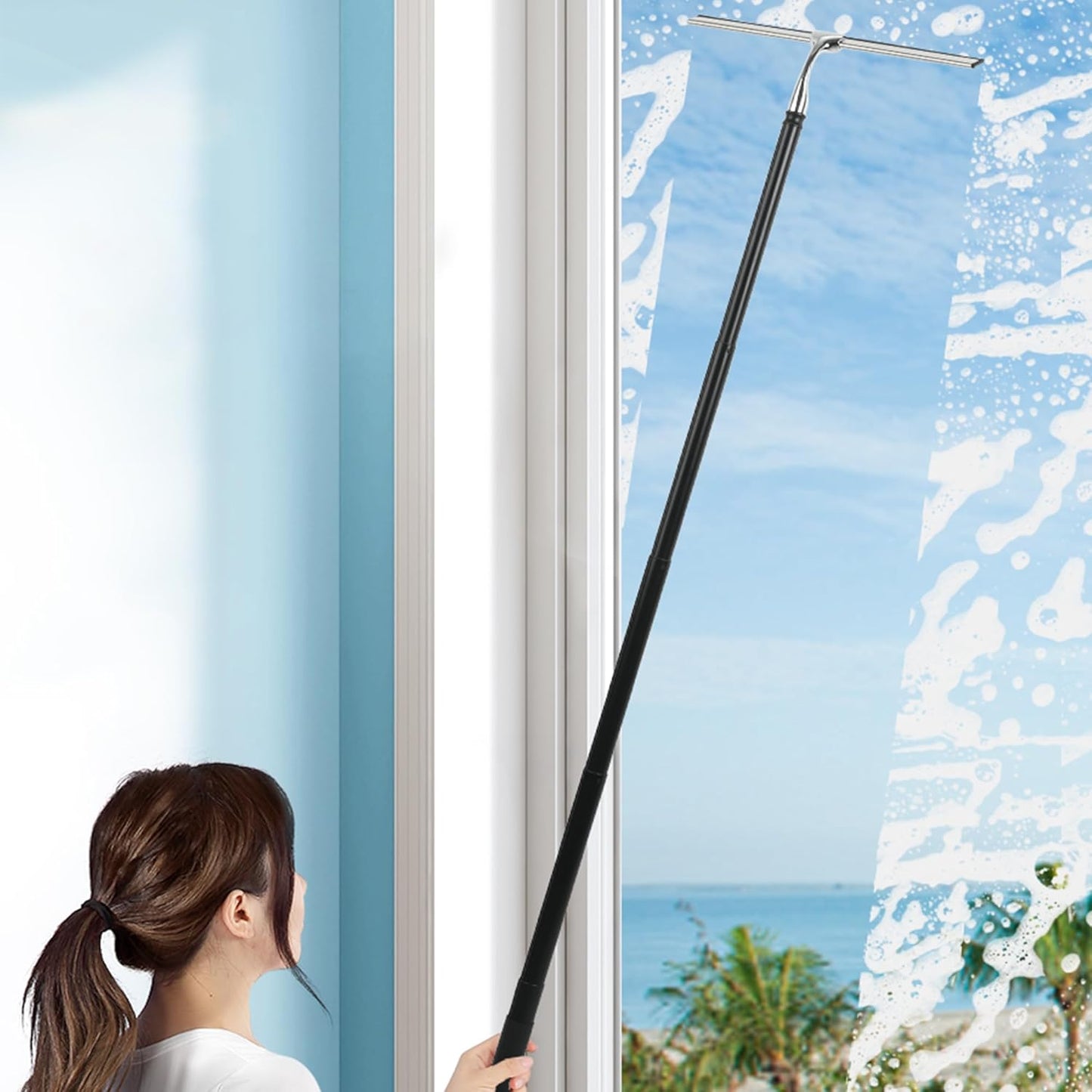 Window Squeegee for Home, 2 in 1 Window Washing kit with Extension Pole Long Handle Squeegee for Shower Glass Floor Tile Wall Car Windshield, 12 inch Wide, Black