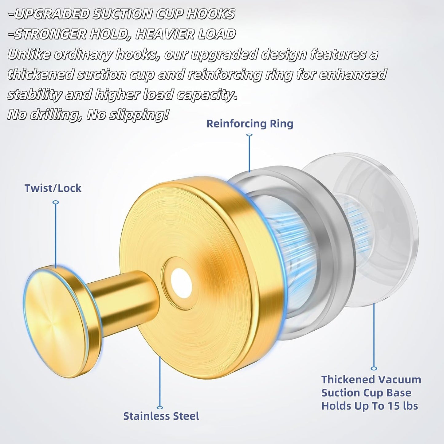 2025 Upgraded Stainless Steel Heavy Duty Suction Cup Hooks for Shower Bathroom Accessories Removable Hook for Glass Window Door Wall Hooks for Hanging Towels Robes Wreaths (Pack of 5, Gold)