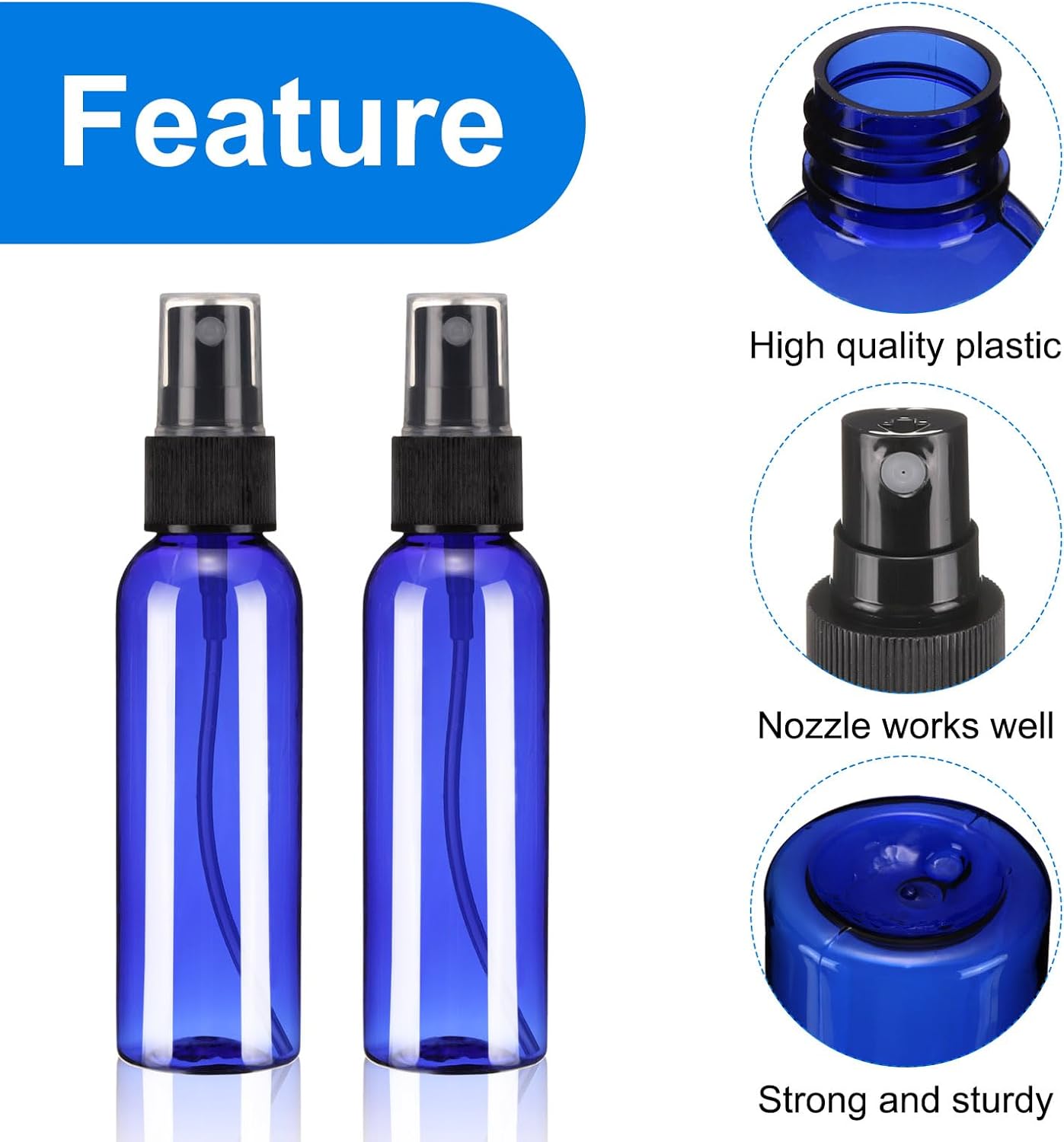 uxcell 20 Pack Spray Bottles, 2 Oz/60ML Reusable Clear Empty Mist Plastic Mini Travel Bottle Set,Small Refillable Liquid Containers for Essential Oil, Cleaning (Blue Black)