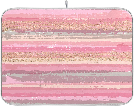 Pink Gold Stripe Dish Drying Mat for Kitchen Countertop 18x24 Rectangle Large Drying Mat Reusable Quick Dry Dish Sink Absorbent Mats Dishwasher Easy Clean Decorative Home Decor Essentials