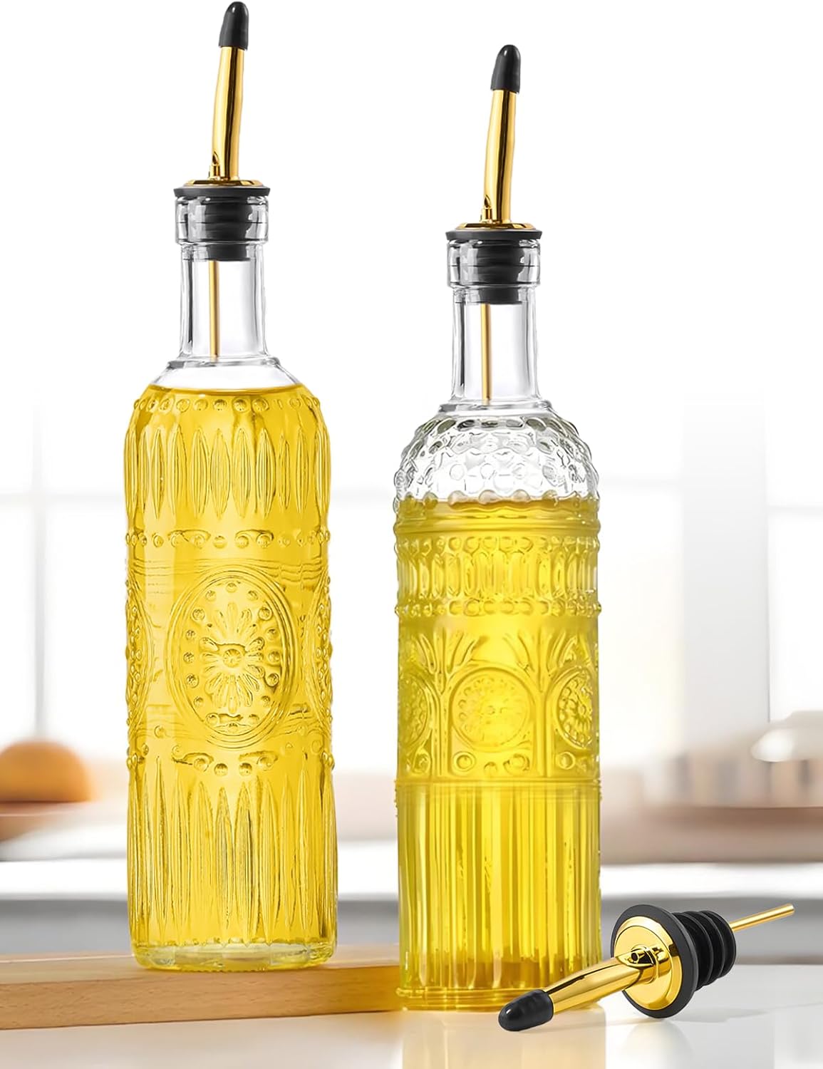 2 Pcs Olive Oil Dispenser Bottle for Kitchen,17oz Clear Glass Cooking Oil and Vinegar Dispenser Set, Coffee Syrup Dispenser with 2 Pourers and 1 Funnel (Two circles)