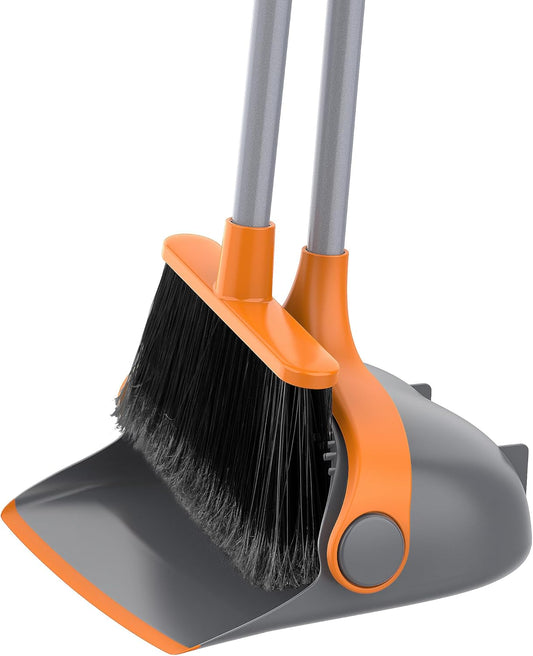 MR.SIGA Broom and Dustpan Set with Long Handle, Stand Upright Broom with Dustpan Combo for Cleaning Office, Garage, Lobby, Lightweight Sweeping Set, 51.7"(131 cm) Long Handle, Gray & Orange