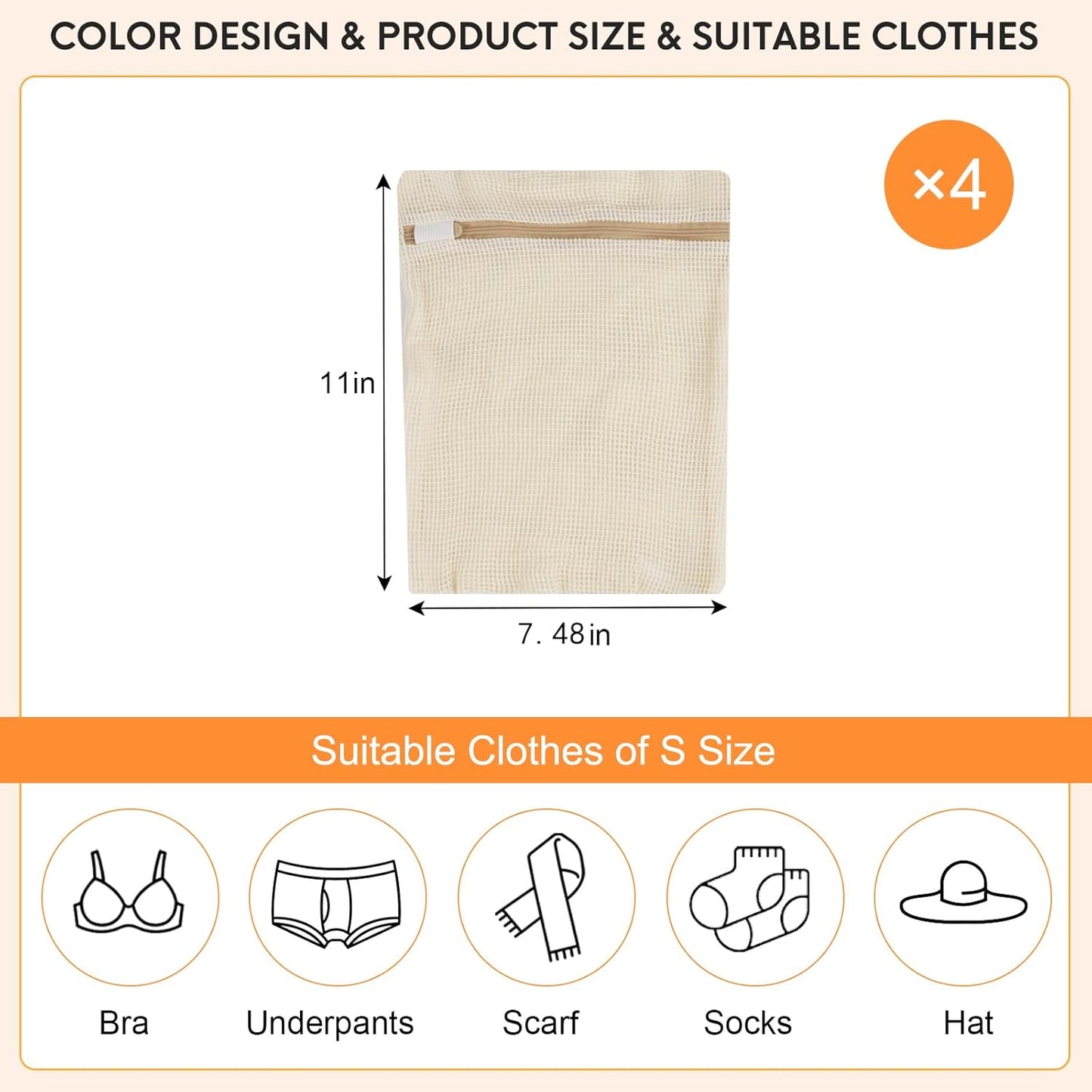 4 Piece Small, Durable Organic Cotton Mesh Laundry Bag with Strong Zipper and Breathable Mesh, Delicate Laundry Bag for Underwear, Clothes, Pants and Socks