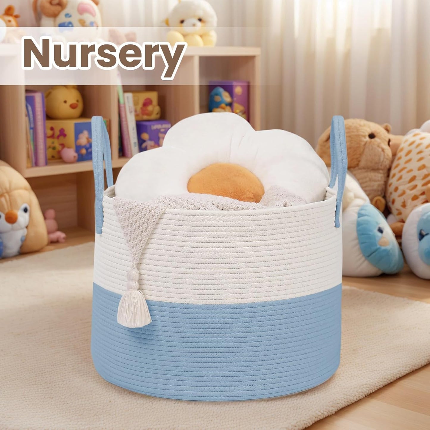 Woven Blanket Basket,65L Large Rope Storage Bin with Handles, Organizer for Blankets Toys Book and Clothes, Laundry Basket for Living Room Bedroom Nursery,White&Blue