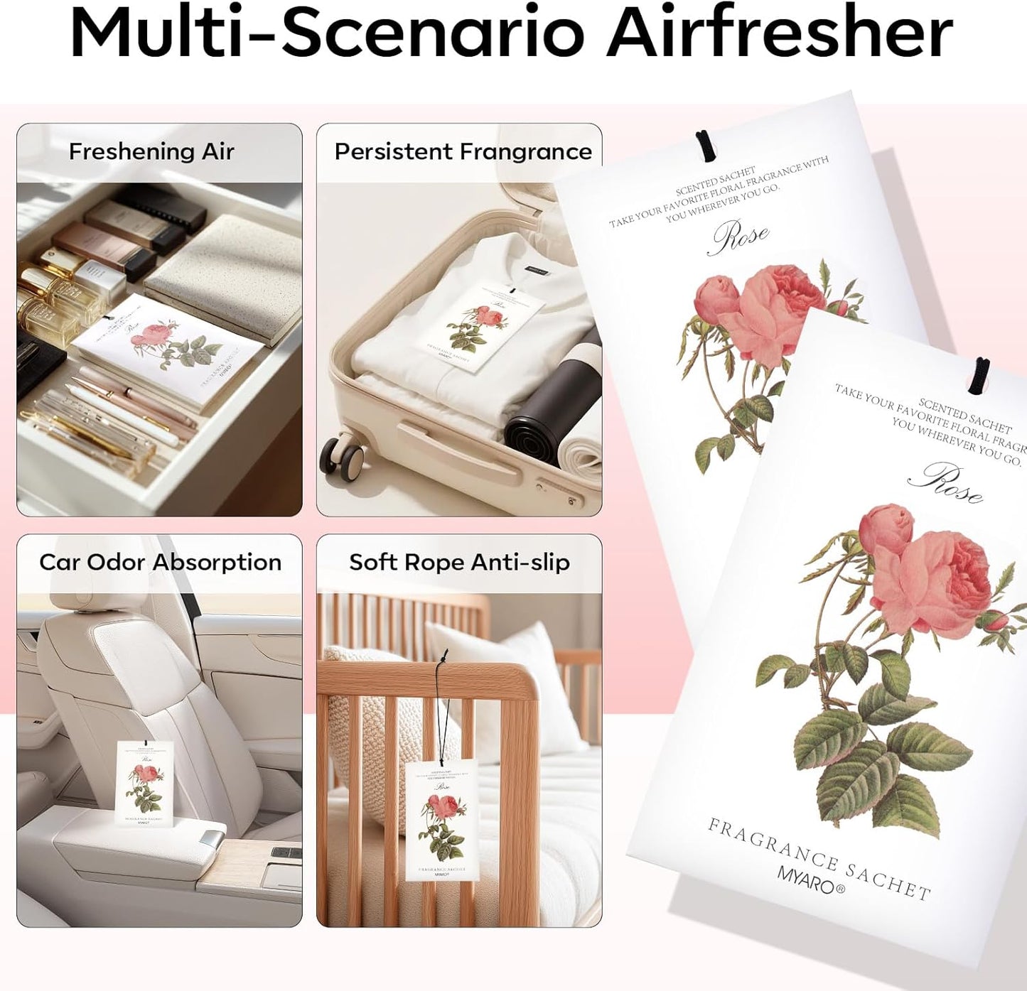 MYARO 12 Pcs Rose Sachets Deodorizer Room Air Freshener Long Lasting Home Odor Eliminating for Drawer Closet Storage