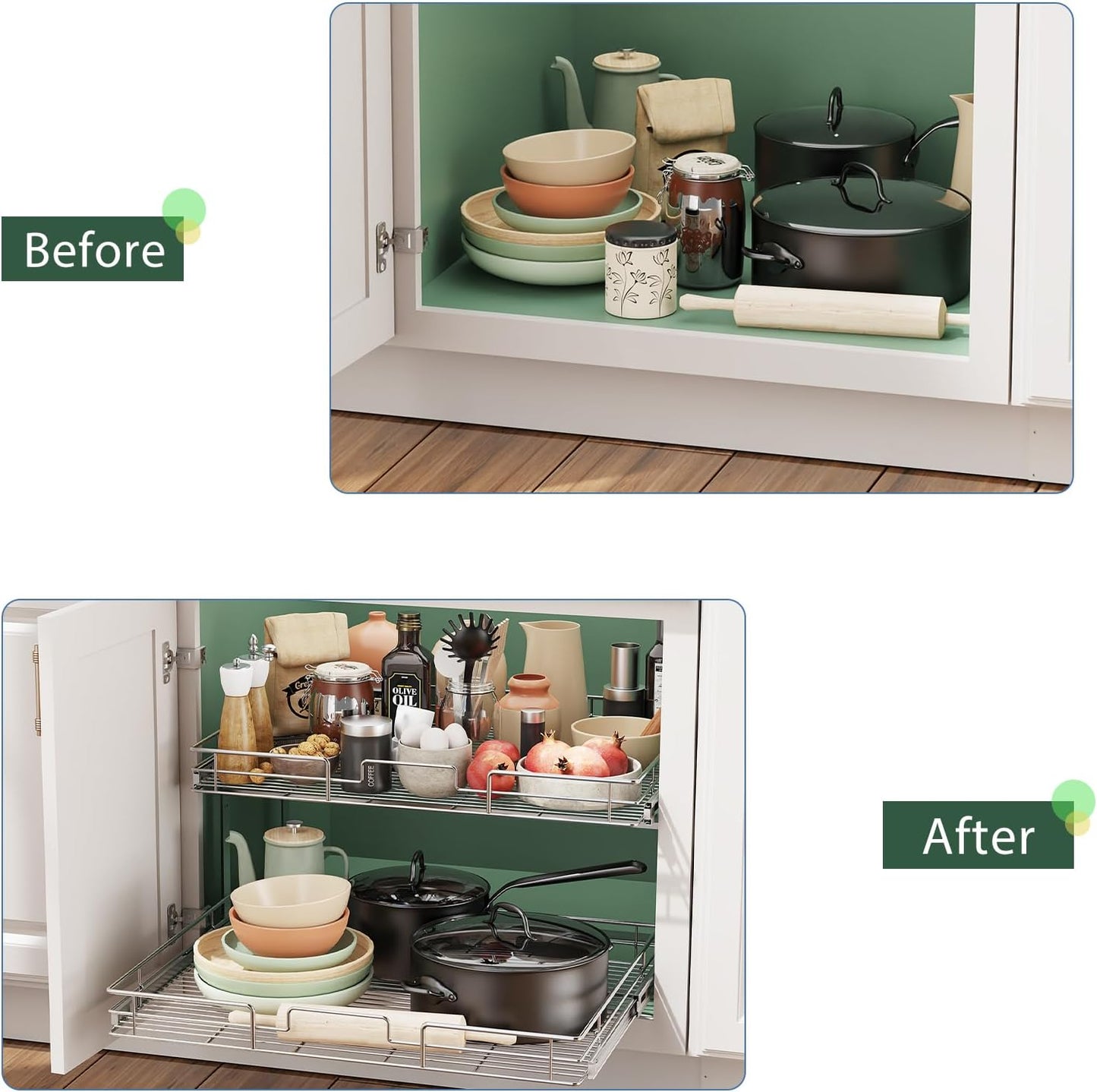 LOVMOR 2 Tier 28½"W x 21½"D, Individual Pull Organizer Kitchen Cabinet Storage Sliding Shelves