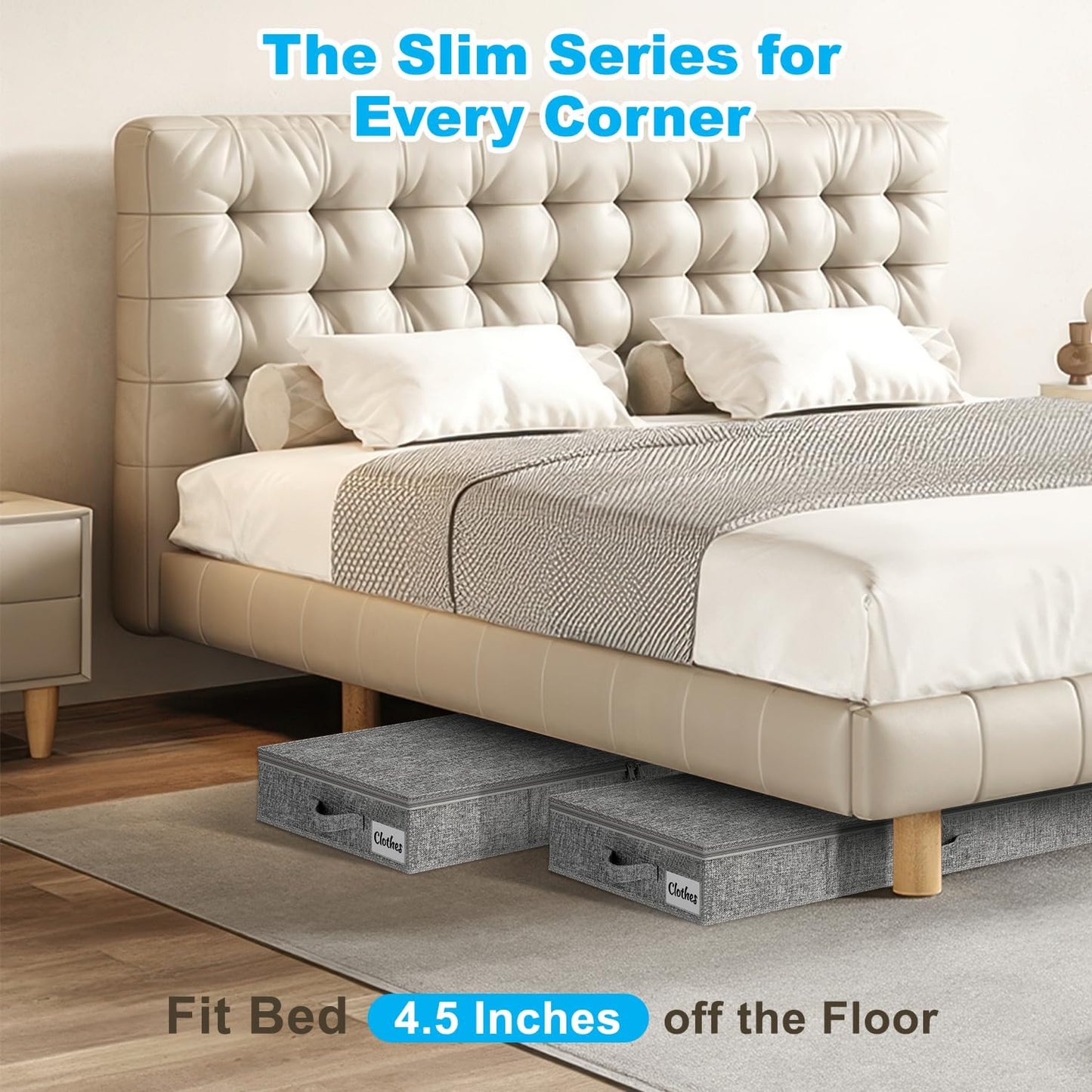 Under Bed Storage Container Bins 2 Pack, 4.5 Inch Slim Low Profile Underbed Clothes Storage Organizer for Dorm & Home, Use for Blanket and Toy Storage Box W/ Sturdy Bottom/Sides, Foldable Thick Fabric