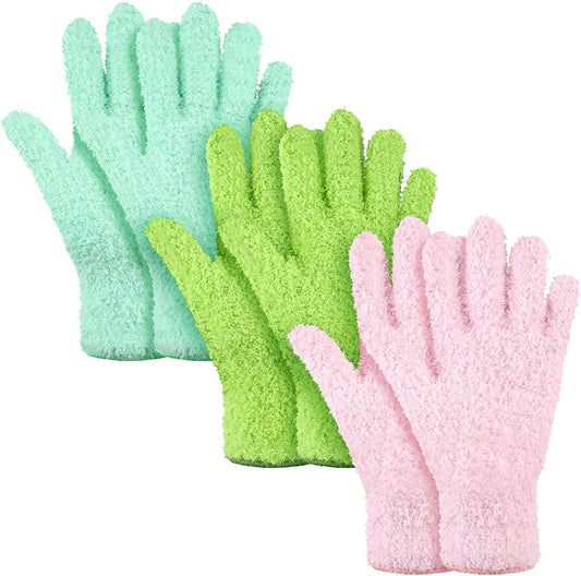 Patelai 3 Pairs Microfiber Plant Dusting Gloves Leaf Cleaning Gloves for Indoor Plants, Blinds, Furniture, House (Small,Green Yellow, Water Blue, Pink)