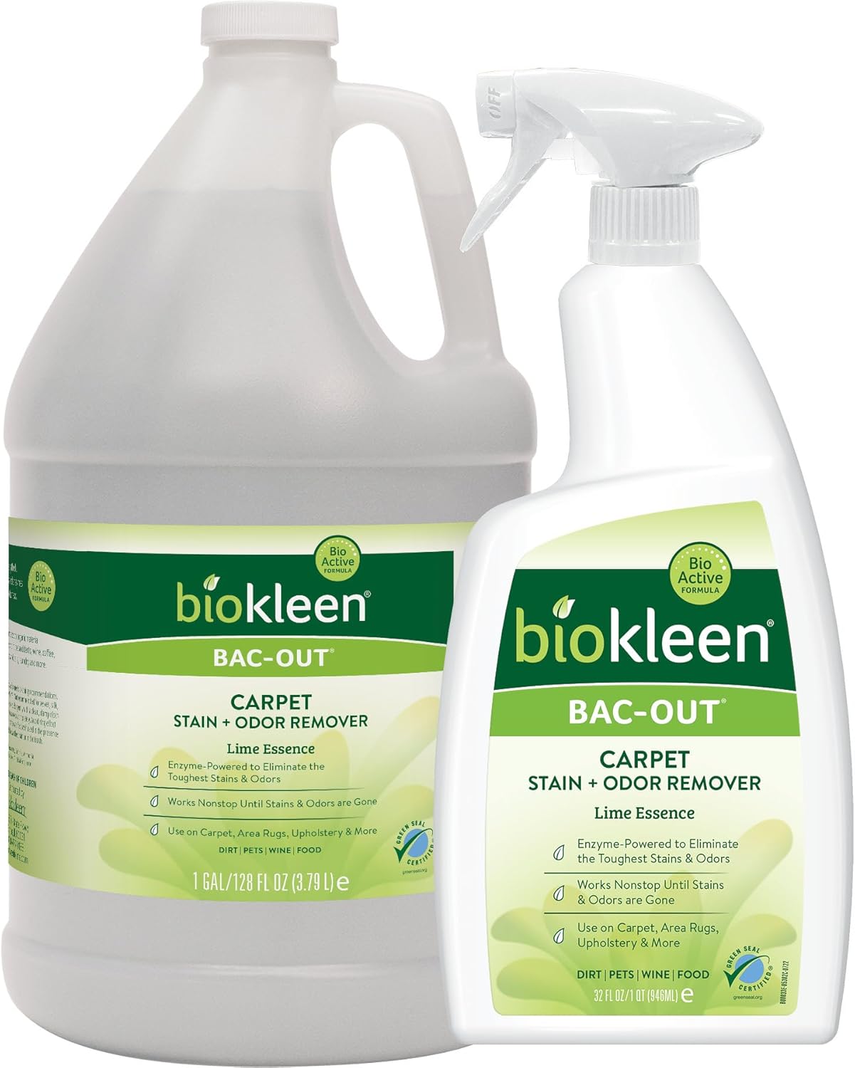 Biokleen Bac-Out Stain Remover for Carpet, Clothes - 32 Ounce and Gallon Refill - Enzymatic, for Pet Stains, Laundry, Diapers, Wine, Carpets, & More, Eco-Friendly, Plant-Based
