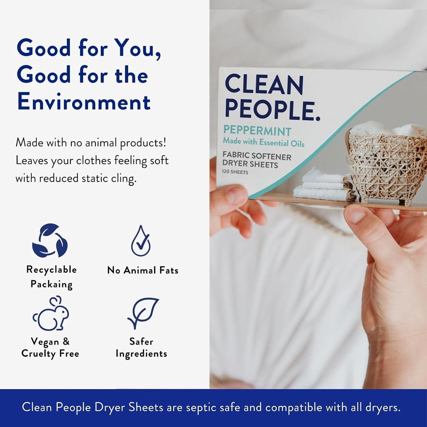 The Clean People Fabric Softener Sheets - Dryer Sheets - Softens & Removes Static - Vegan Laundry Softener With Essential Oils - Peppermint 240 Pack