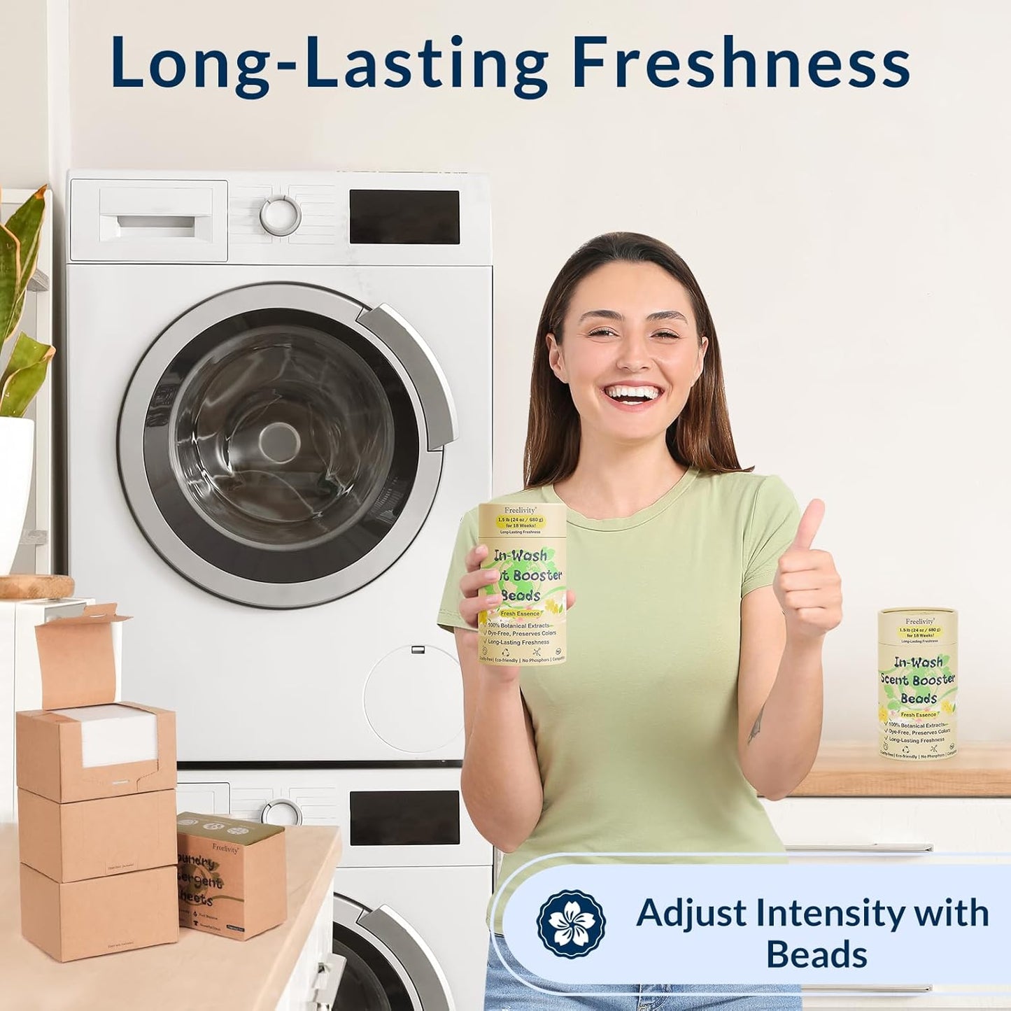 Freelivity In‑Wash Scent Booster Beads – Fresh Essence Scent, Laundry Beads fabric softener, 24 oz – Lasts Up to 70 Washing Cycles – Eco‑Friendly & Safe for Babies and Kids