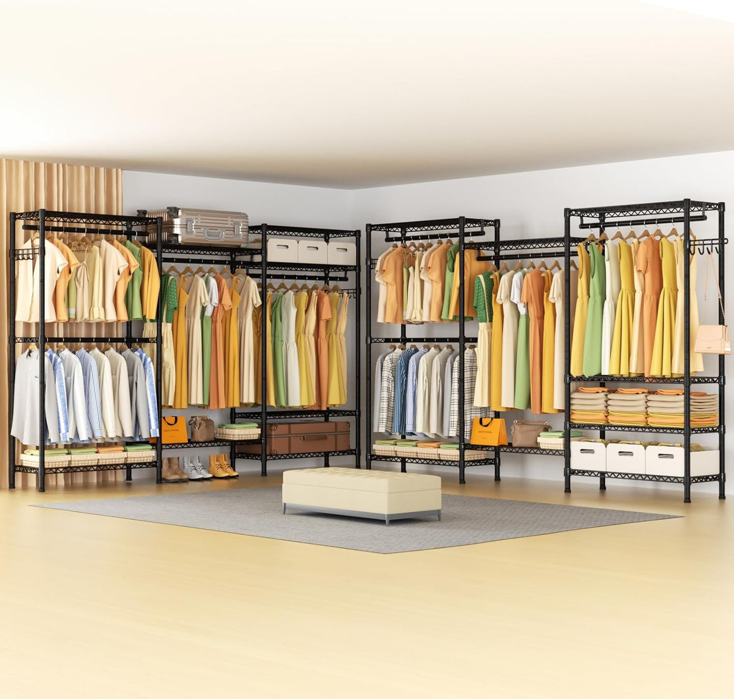 Heavy Duty Garment Rack Large Clothes Rack,Freestanding Closet Portable Clothing Rack with 8 Adjustable Wire Shelves and 4 Hang Rods,Metal Closet Storage Wardrobe Organizer System,Max Load 800lbs