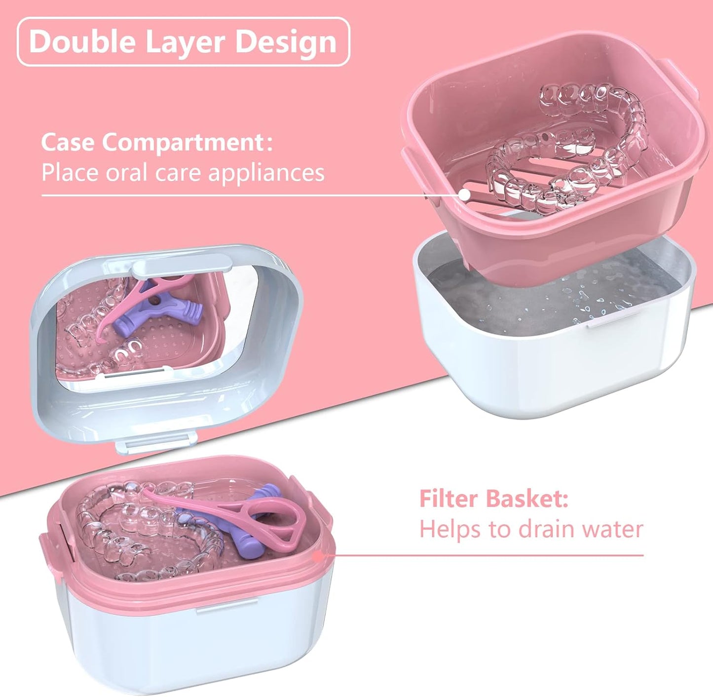 BVN Denture Bath Denture Case: Denture Cup for Soaking Dentures, Retainer Cleaner Case with Mirror, Mouth Guard Case, Aligner Case, Retainer Holder, Night Guard Case, False Teeth Container White