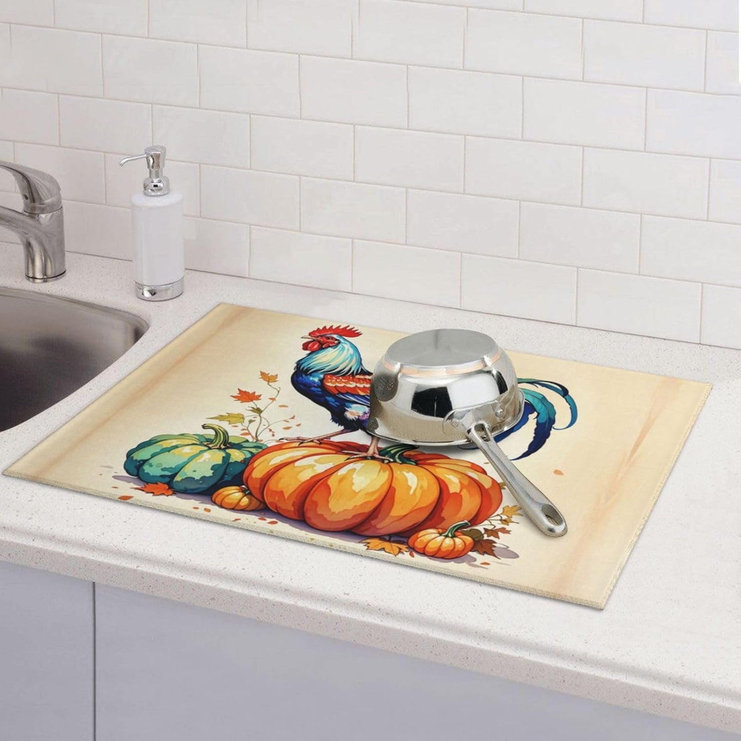 Rooster Pumpkin Dish Drying Mat Highly Absorbent Double-Sided Microfiber with Hanging Loop Reversible Drain Dish Rack Mat Drain Mat Suitable for Kitchen Countertop Coffee Bar 18 x 24 Inch