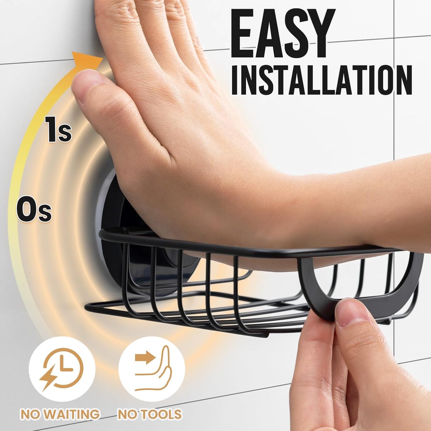 LEVERLOC Soap Holder Dish for Shower Wall, Bar Suction Cup Soap Saver Tray with Hooks, Rust Proof Draining Stainless Steel for Bathroom Bathtub Kitchen Sink & Bath Organizers, Black