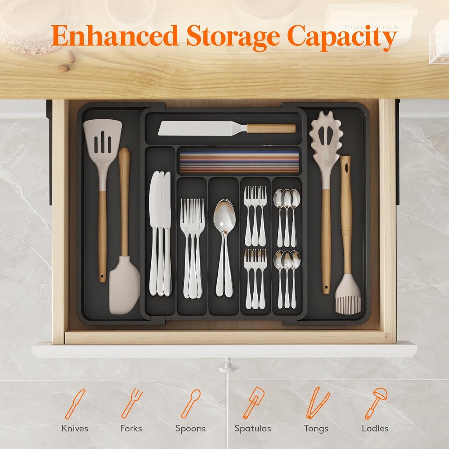 Lifewit Silverware Drawer Organizer, Expandable Utensil Organizer for Kitchen Drawers, Adjustable Cutlery and Flatware Tray, Plastic Spoons Forks Knives Holder Storage Dividers, Medium, Black