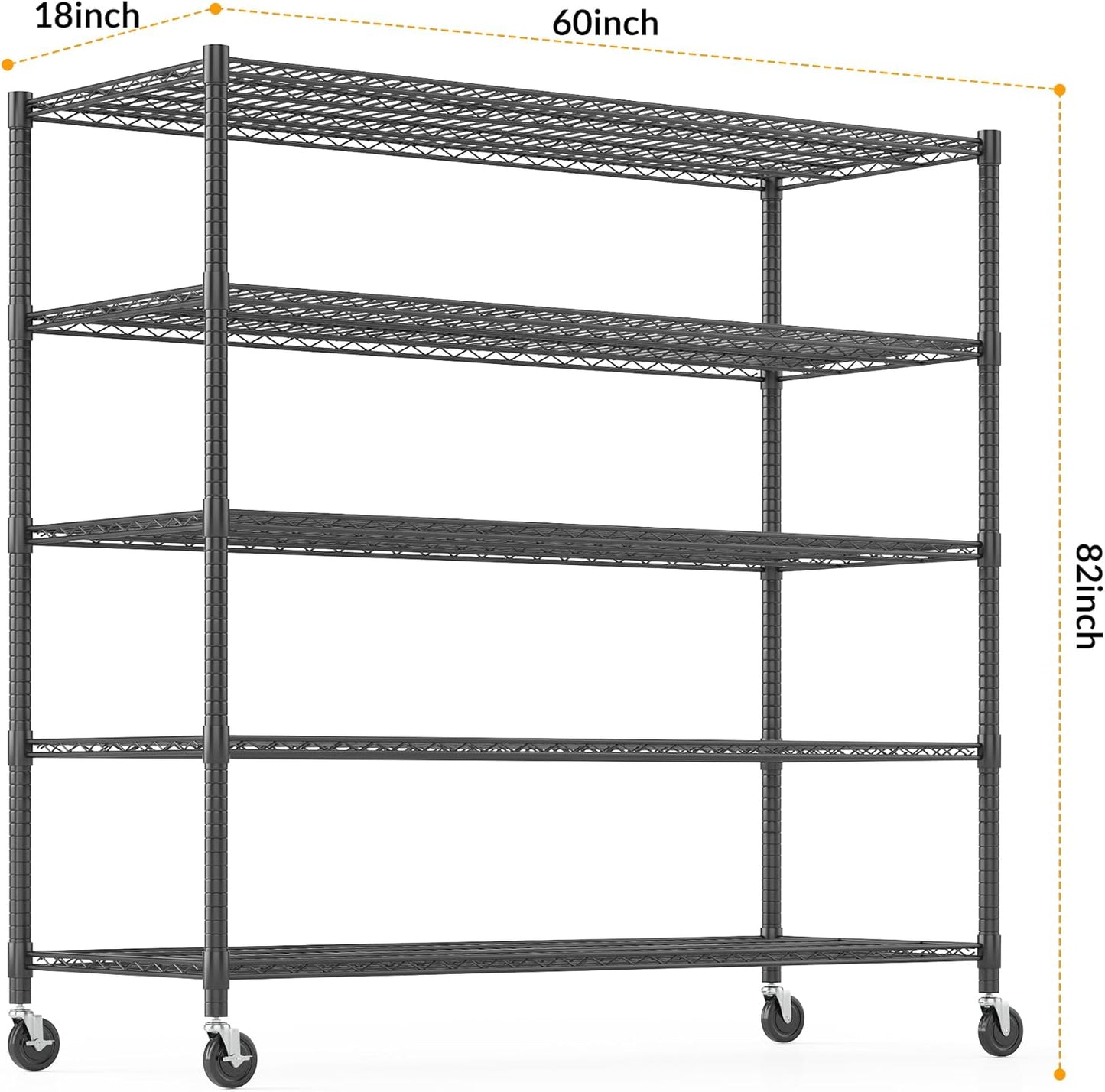 Himimi Storage Shelves with Wheels, 5-Tier Heavy Duty Steel Wire Rack Storage Shelving, Adjustable Metal Storage Shelves for Garage Kitchen Pantry Bathroom Laundry 18" D*60" W*82" H, Black