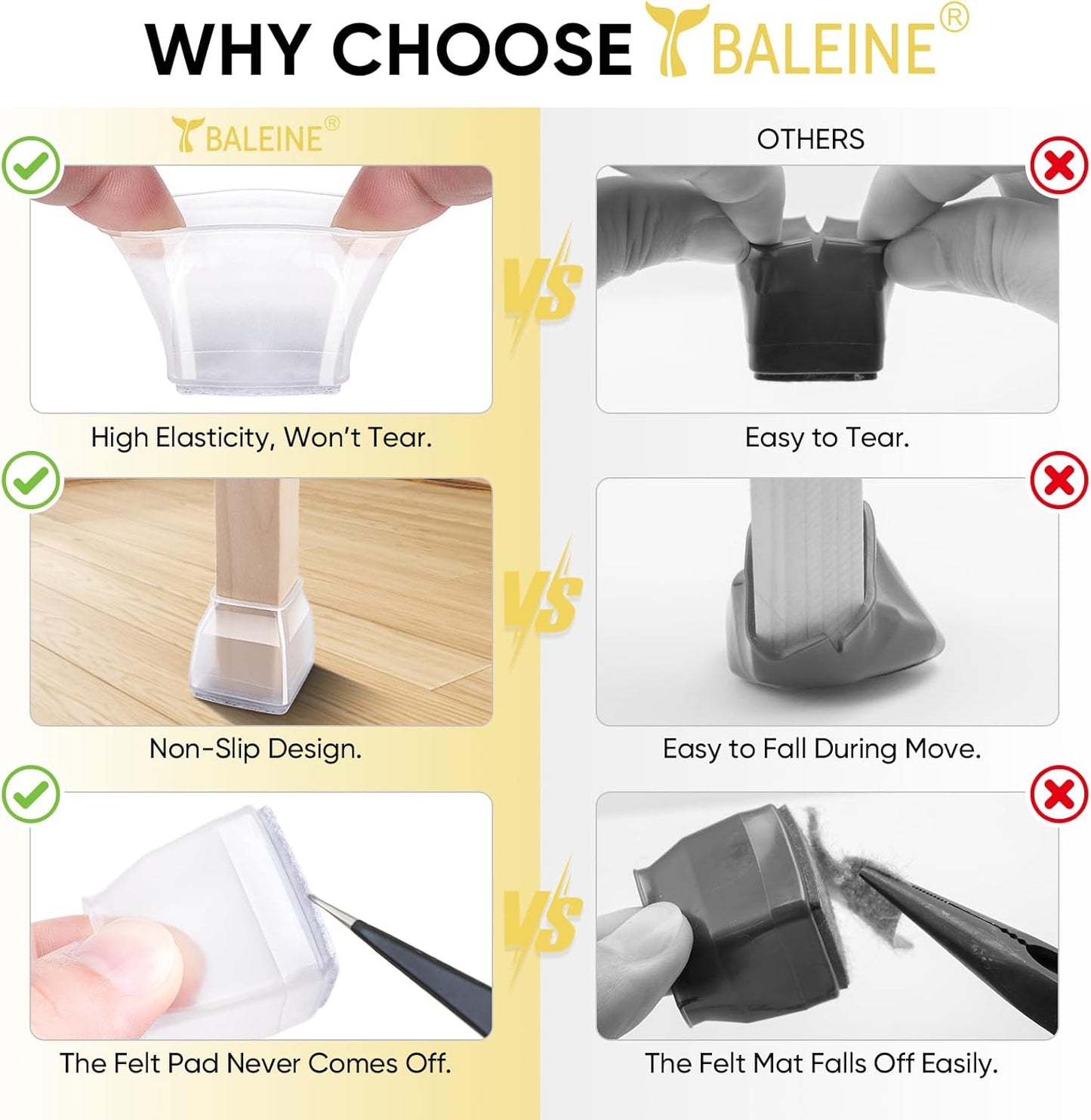 BALEINE 24 Pack Silicone Chair Leg Floor Protectors, Stool Leg Protectors Cap, Non-Slip Chair Leg Caps for Hardwood Floors (Clear & Large (Square), 24 Pack)