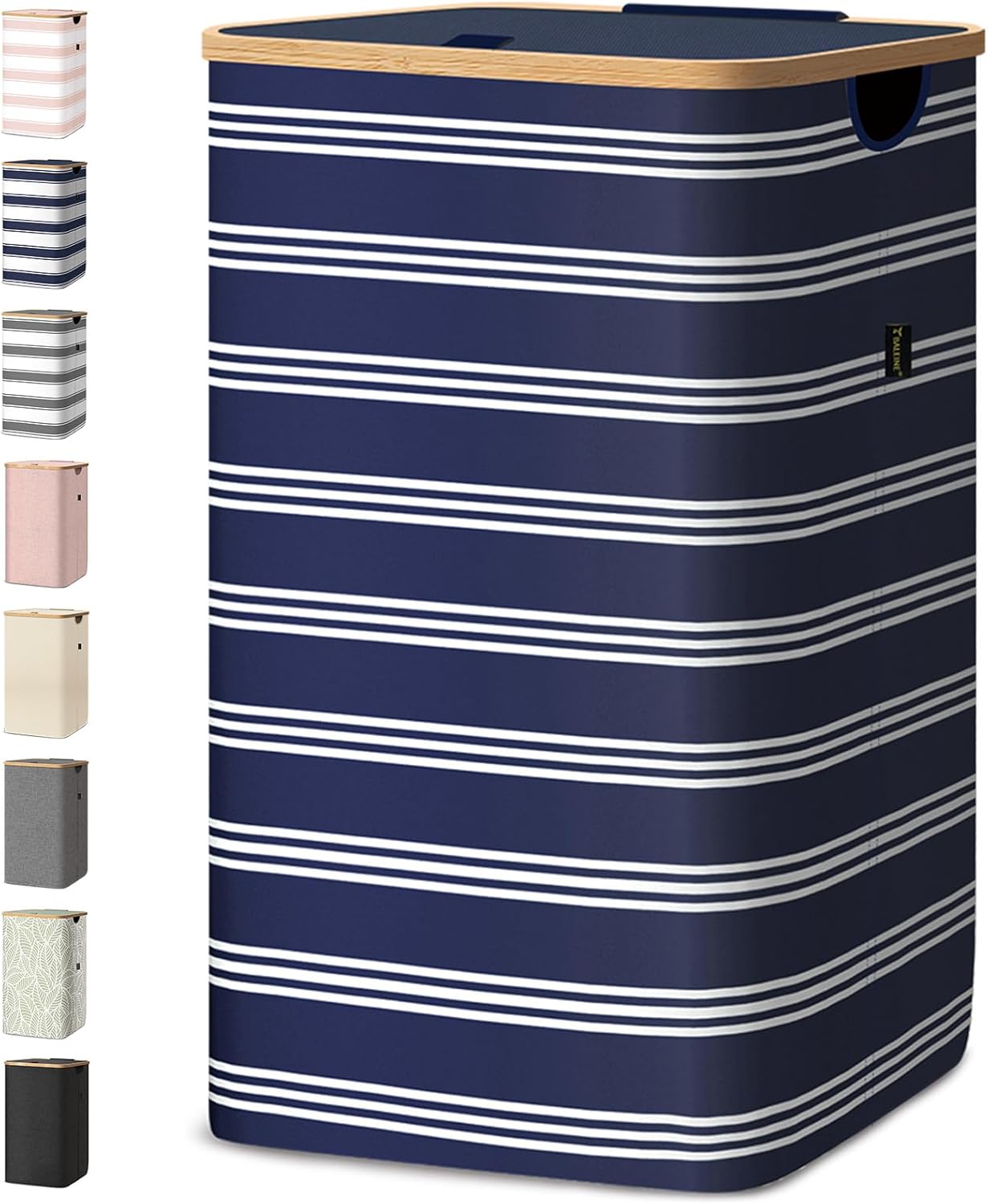 BALEINE Laundry Hamper with Lid, Tall Laundry Baskets with Bamboo Pull Handles, Large Laundry Bin with Internal Support (26 Gal/100L, Blue Pinstripe)