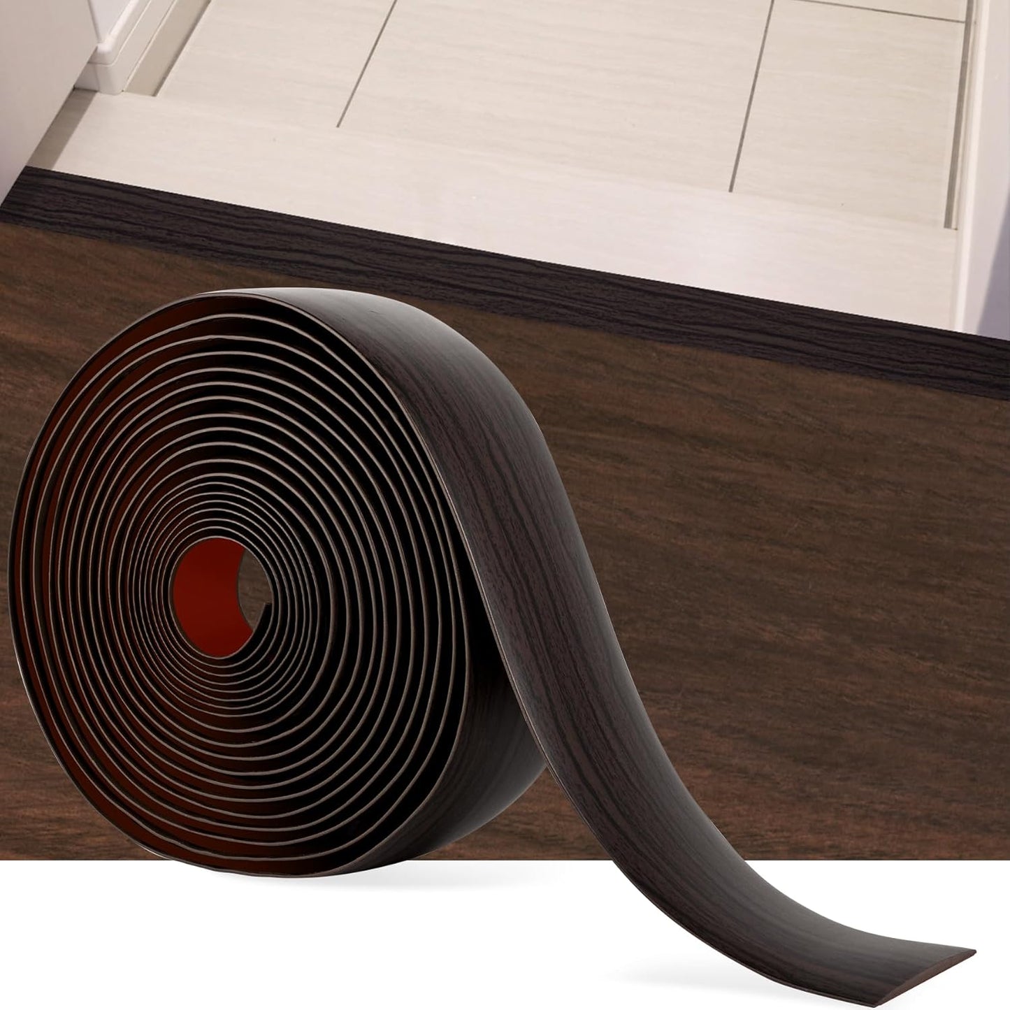 20Ft Floor Transition Strip Self Adhesive Vinyl Cover Floor Strip Flat Divider Transition Strip Wood Grain Design for Laminate Floor Gaps and Doorway Transitions (20Ft x 2 Inch, Brown)