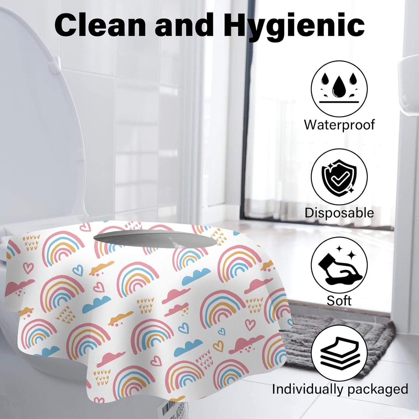 60 Pack Toilet Seat Covers Disposable, Extra Large Waterproof Toilet Cover for Toddlers & Adults, Individually Wrapped Travel Essential Portable Potty Training in Public Restrooms, Trip - Rainbow