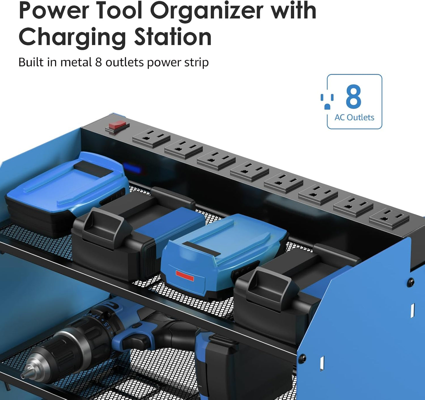 CCCEI Set Power Tool Organizer Wall Mount with Charging Station. Garage 4 Drill Storage Shelf with Hooks, Heavy Duty Metal Tool Battery Charger Organizer. Shop Utility Rack with Power Strip Blue.