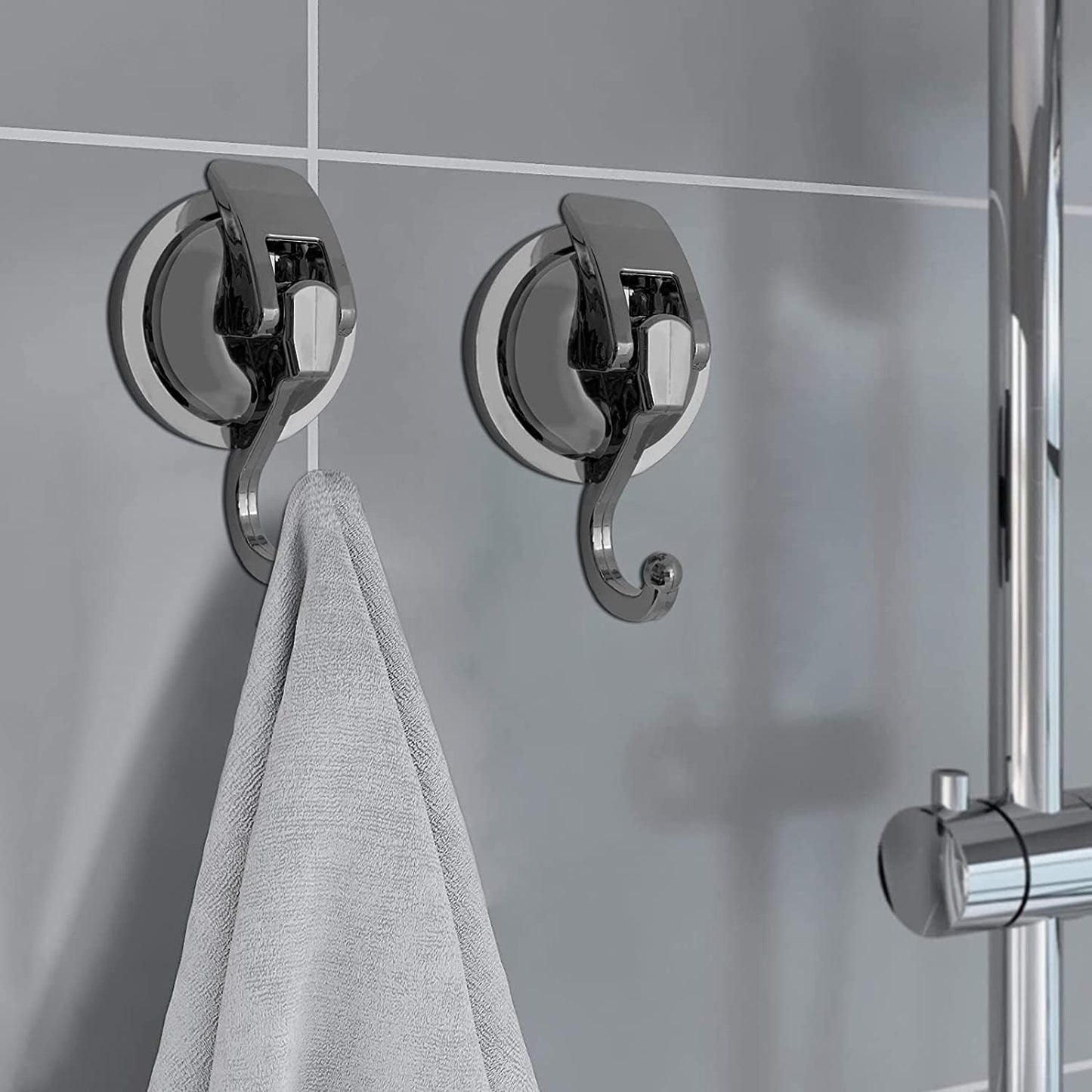 Heavy Duty Suction Cup Hooks for Shower, Bathroom Robe - Vacuum Glass Hooks, Reusable, No Hole Punched, for Garland Decoration (Silver Grey, 6 Pack)