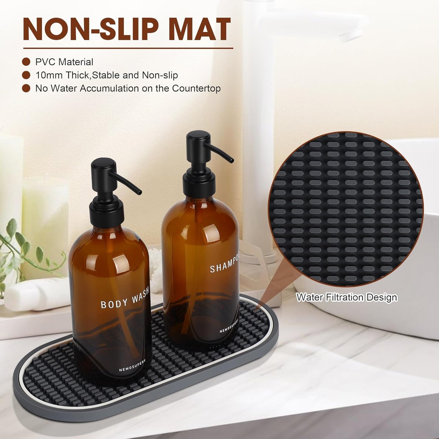 Glass Shampoo and Conditioner Dispenser-Shampoo Dispenser for Shower-16.9 fl oz Set of 3 Refillable Glass Bottles with Pump and Labels-Shower Soap Dispenser for Bathroom(Amber)