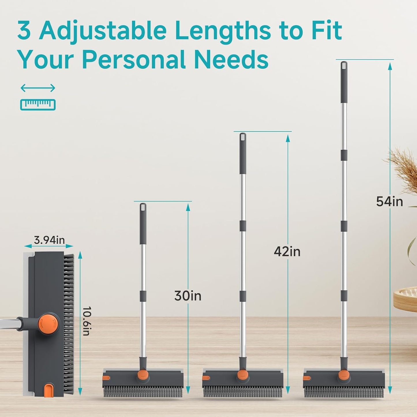 Floor Scrub Brush with Long Handle Length Adjustable, 3 in 1 Heavy-Duty Stiff 90° Bristle Floor Scrubber Broom with Squeegee, Cleaning Brush for Bathroom, Garage, Kitchen, Tile, Deck & Patio (Gray)