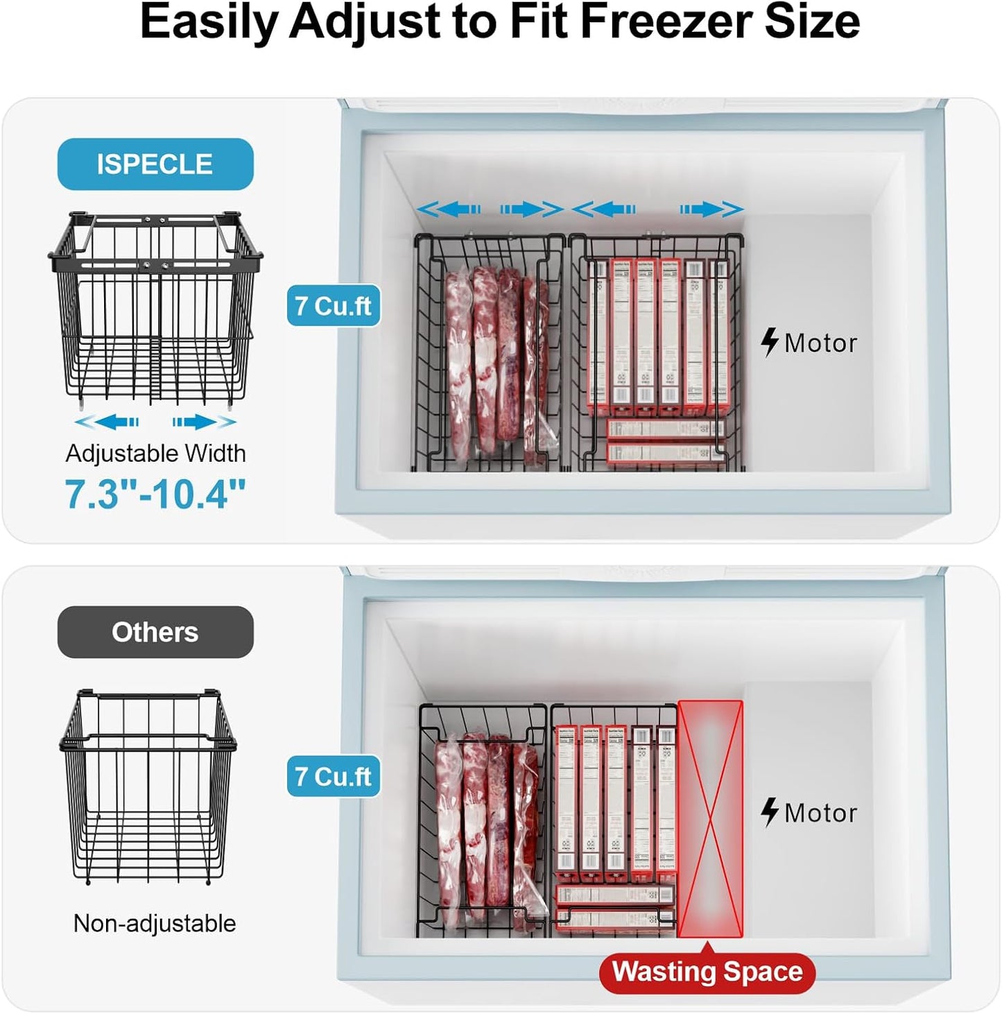 iSPECLE Freezer Organizer Bins - 1 Pc Hanging Basket & 2 Pcs Adjustable Wider & Deeper Chest Freezer Organizer Bins for 5 to 9 Cu Ft, Extra Large & Easy Organize Stackable Basket Store More, Black