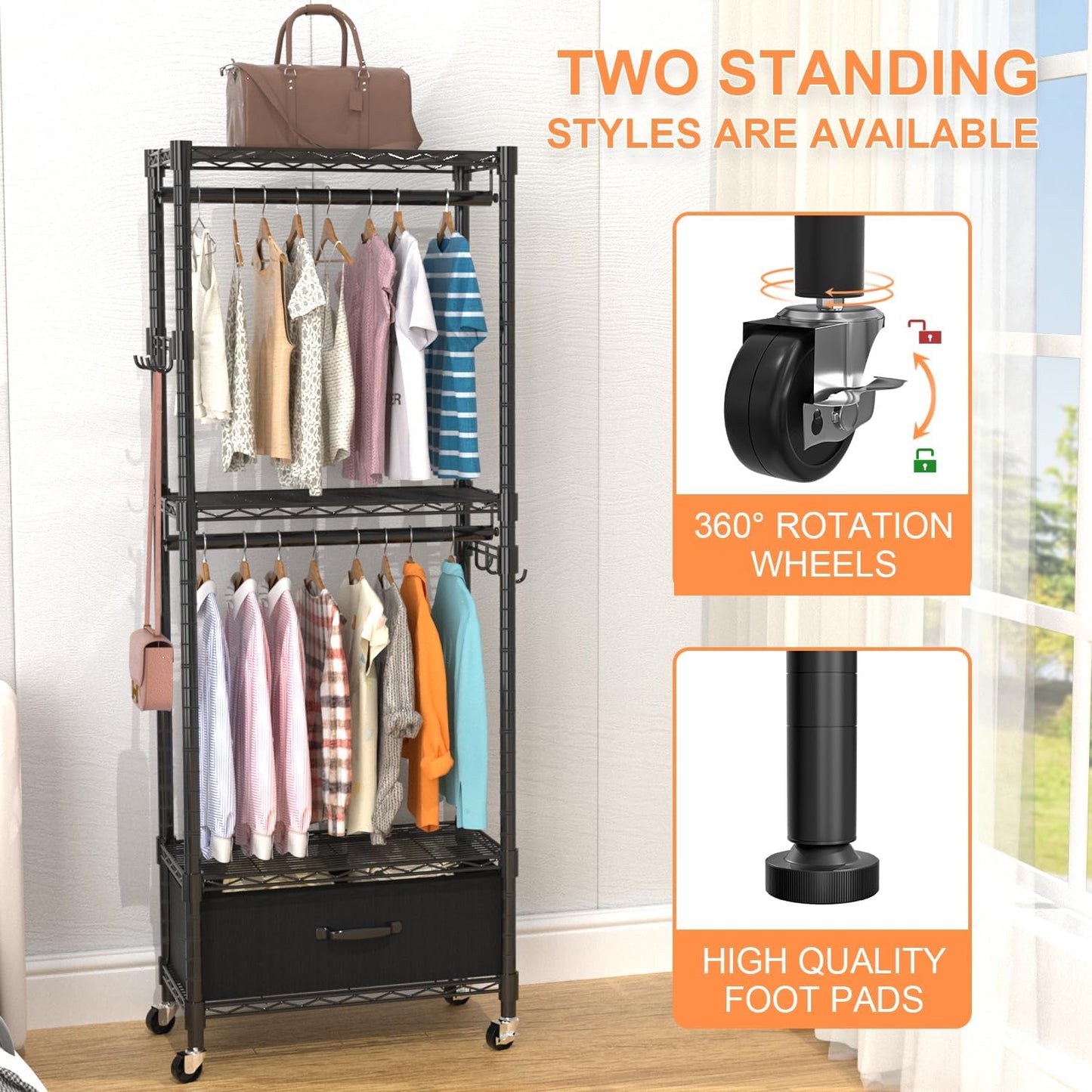 Clothes Rack, Clothing Rack for Hanging Clothes, 4 Tiers Adjustable Closet Organizer System with Drawer | Double Rods | Side Hooks | Load 445lbs | 23" L x 13.18" W x 78.74" H | Black