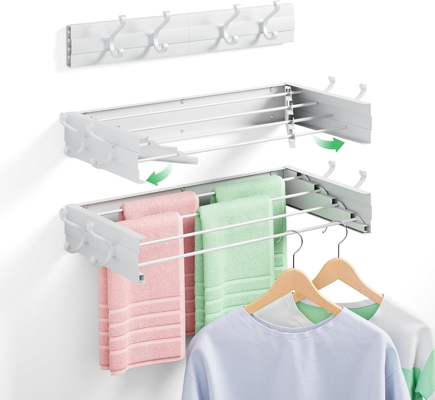 Wall Mounted Clothes Drying Rack for Laundry 23.6", Folding Clothes Drying Rack with 4 Towel Hooks and 4 Rods for Hanging Coat Dedicates, Space Saving for Bedroom Bathroom Balcony Living Room (23.6'')