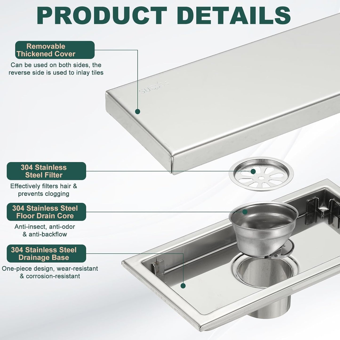 uxcell Rectangular Shower Drain, Brushed 304 Stainless Steel Odor-Proof Floor Drain Linear Shower Drain Hair Catcher for Bathroom Kitchen and Laundry Room(8 Inch, Bright Silver)