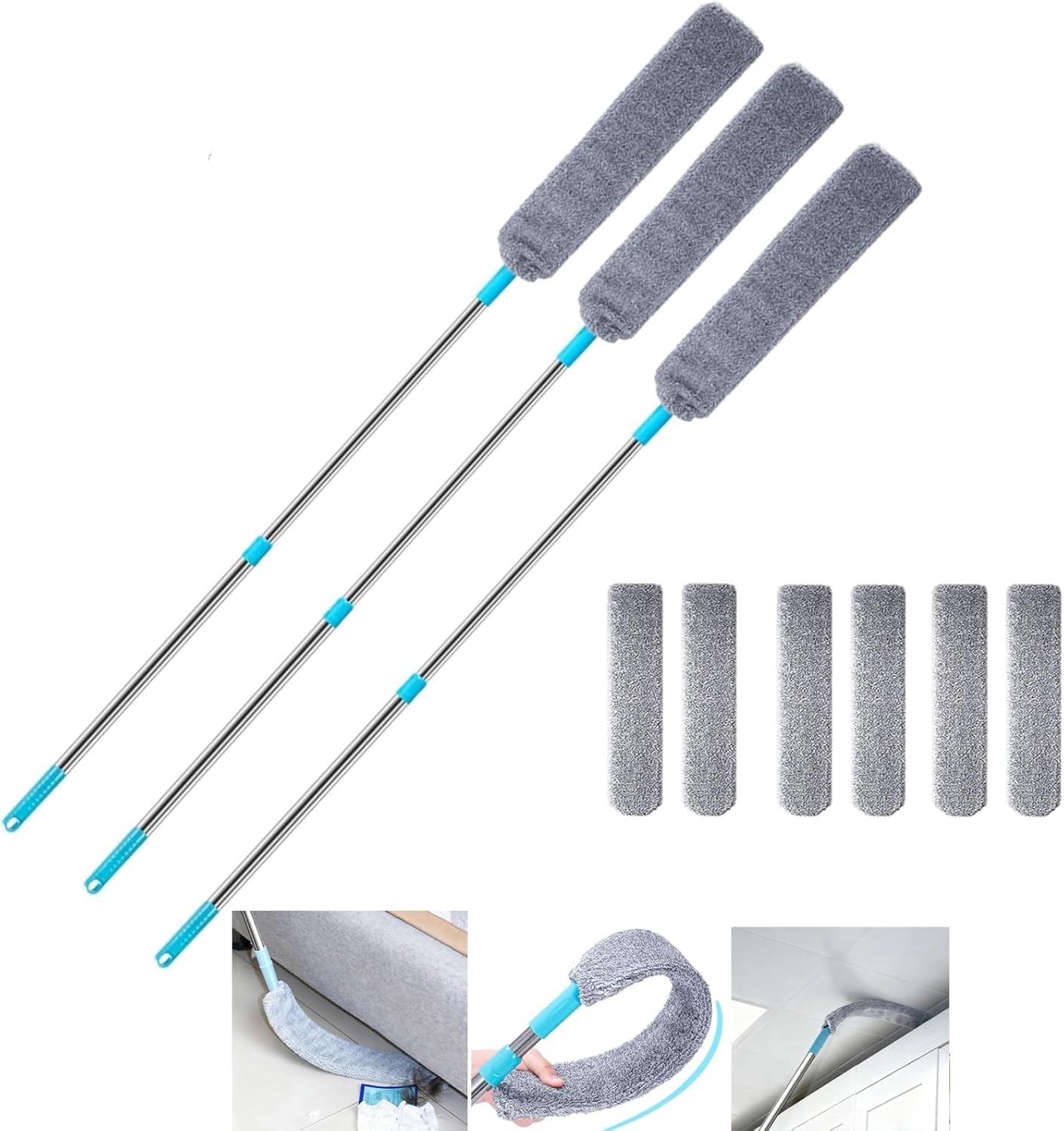 Saker Plus Retractable Gap Dust Cleaning Artifact, Saker Plus Flat Duster for Under Furniture, Reusable Washable Bendable Dusting Wand with Microfiber Dusting Cloths (3PCS)