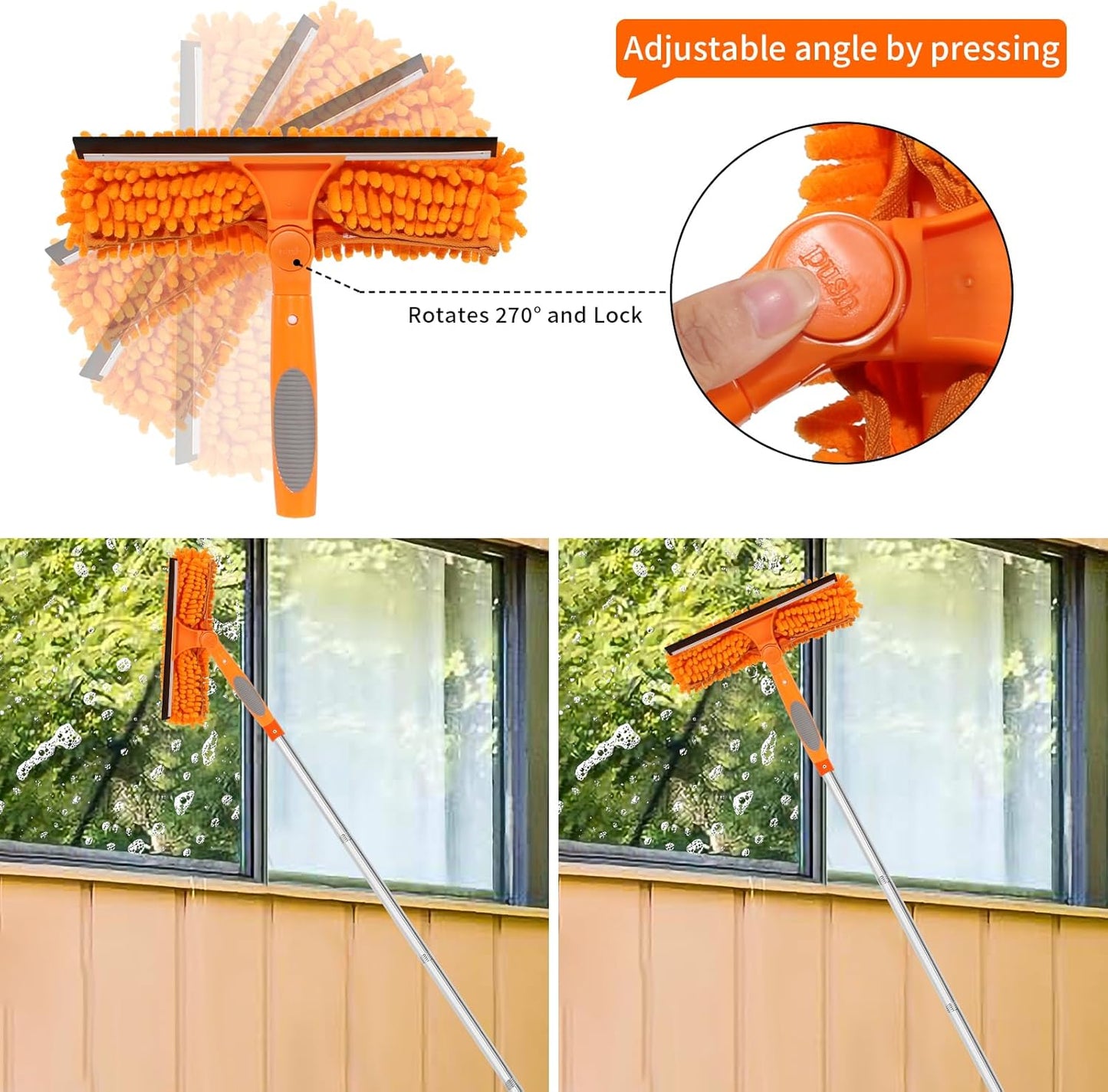 Professional 72'' Window Squeegee Cleaning Washing Tool/Kit with Extension Pole, 3 in 1 Squeegee for Window Cleaning Kit for High Window with 1 Rotatable Head 4 Interchangeable Scrubber