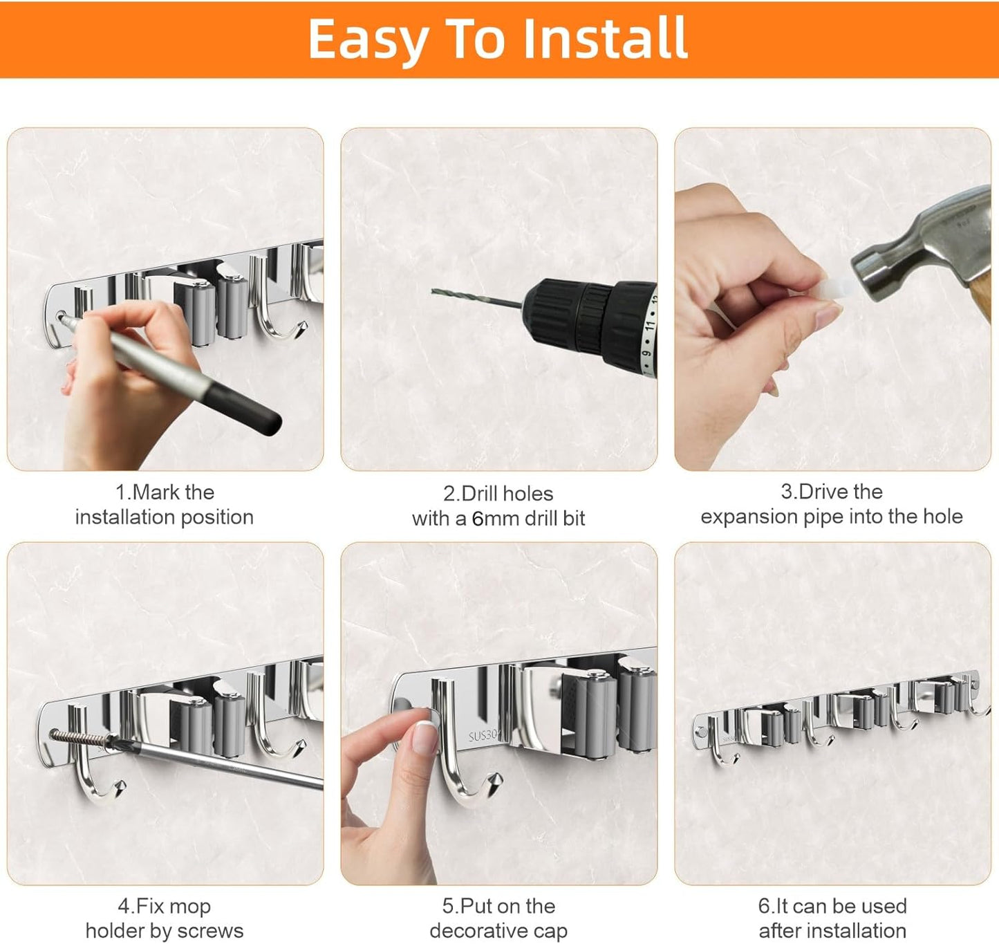 Broom and Mop Organizer Wall Hanging, Upgraded Mop and Broom Holder Wall Mount, Stainless Steel Broom Hanger Wall Mount for Laundry Room Organization and Storage（5 Racks with 4 Hooks）