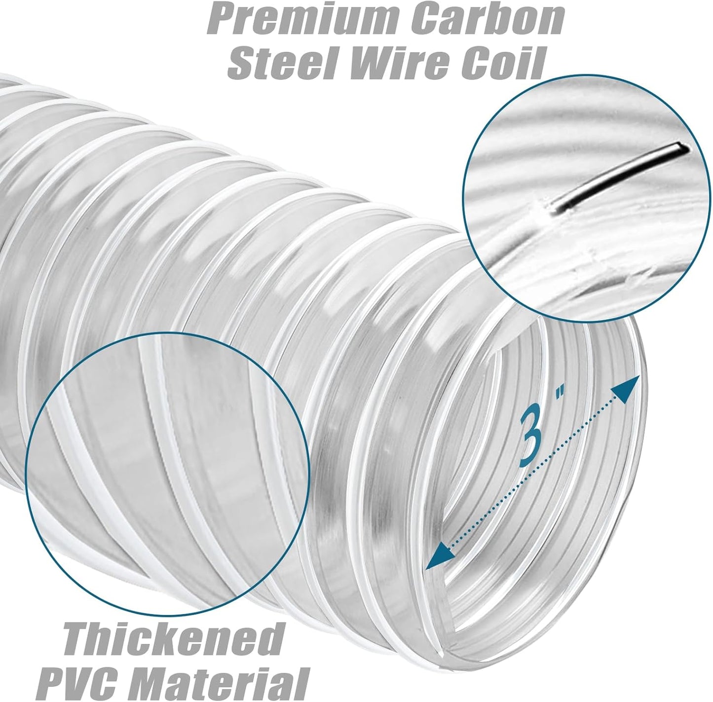 PVC Dust Collection Hose 3" x 10', Flexible Dust Collector Hose, Puncture Resistant Carbon Steel Wire Coil for Workshops, Woodworking, Industrial Vacuums