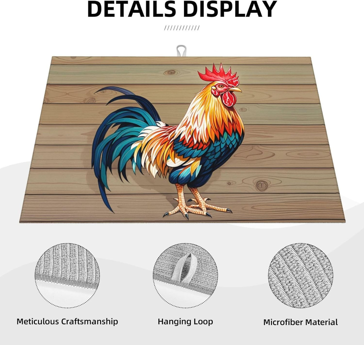 Rooster Dish Drying Mat Highly Absorbent Double-Sided Microfiber with Hanging Loop Reversible Drain Dish Rack Mat Drain Mat Suitable for Kitchen Countertop Coffee Bar 18 x 24 Inch