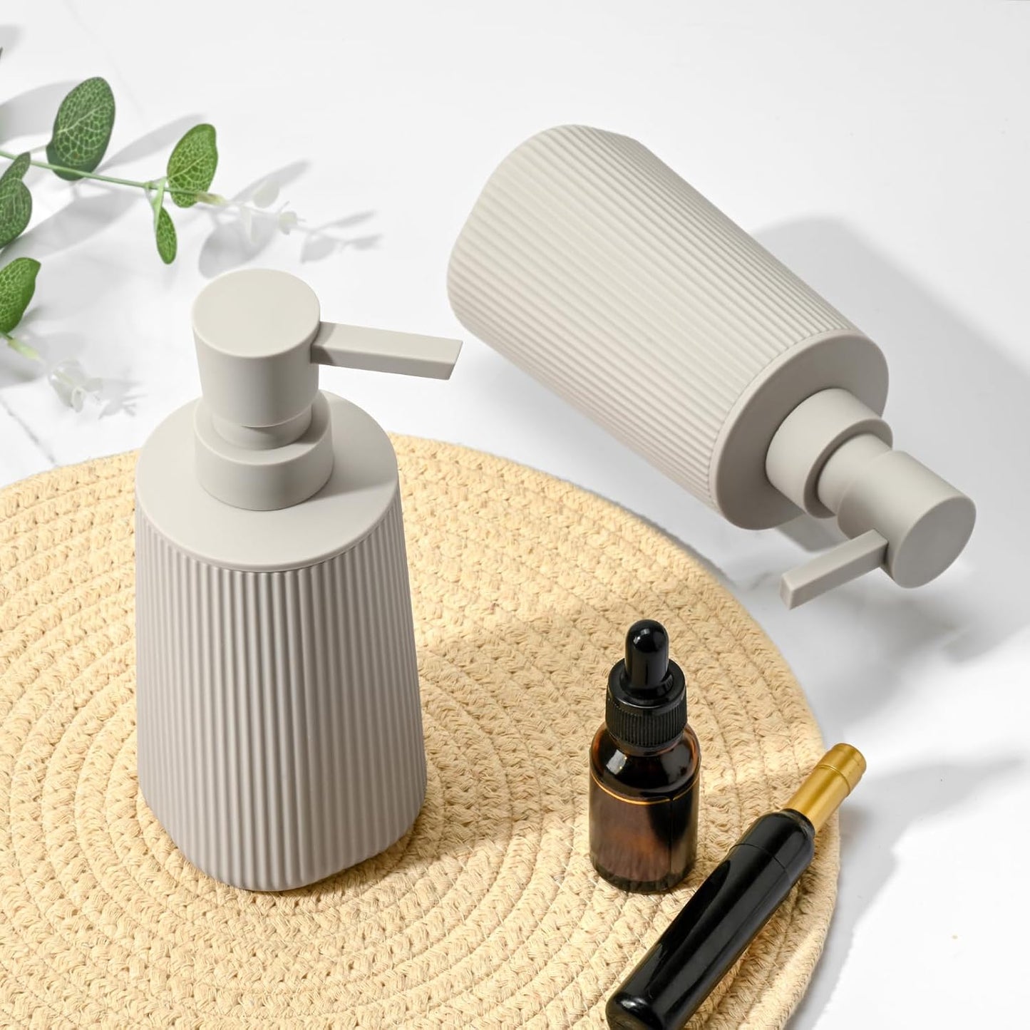 Beige 2 Pack Hand Soap Dispensers with No Rust Pump for Bathroom and Kitchen Countertops Refillable Striped Matte Plastic 8.5 oz