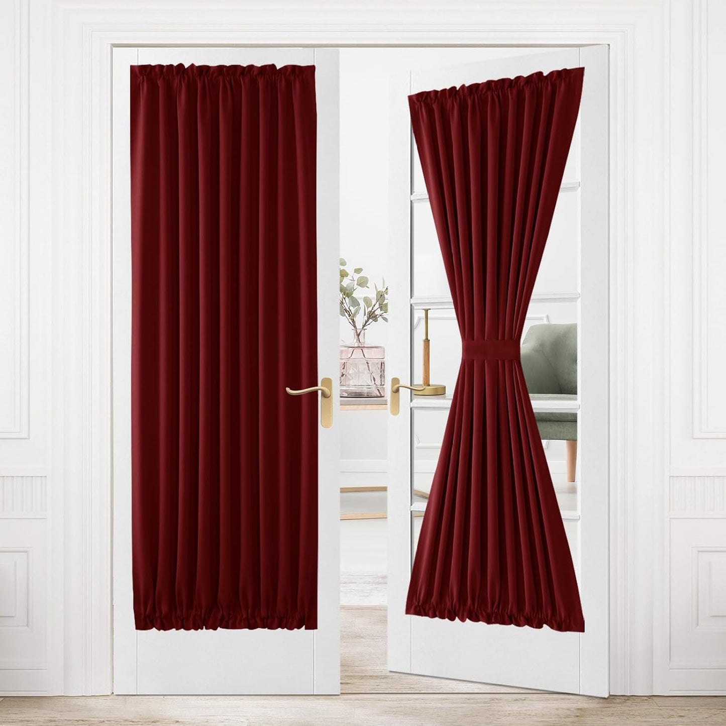 DWCN French Door Curtains – Rod Pocket Thermal Blackout Curtain for Doors with Glass Window, Kitchen and Patio Doors for Privacy, 36 X 80 Inches Long, 1 Curtain Panel with Tieback, Burgundy