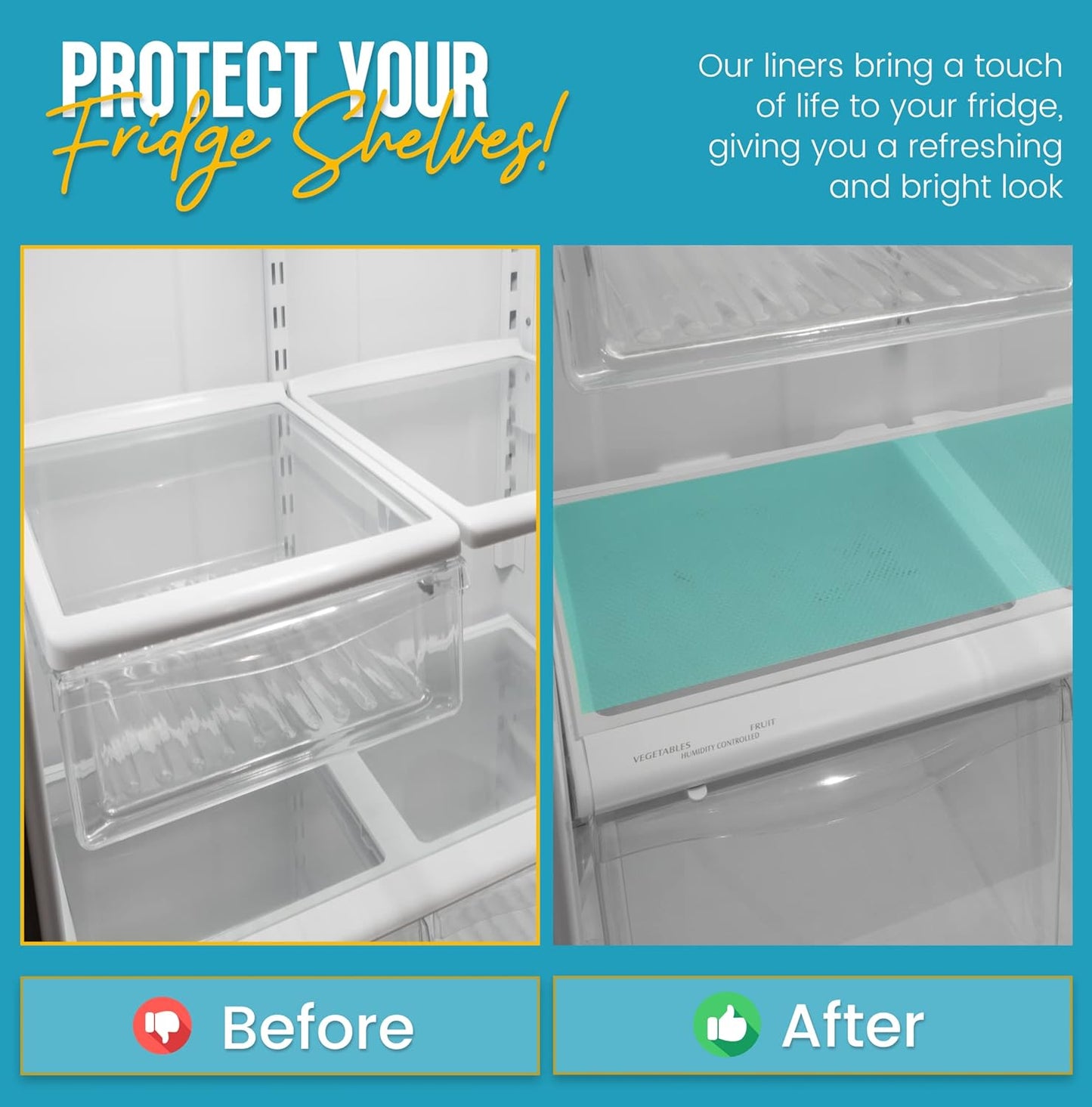 Refrigerator Liners for Shelves (12 Pack) by Linda’s Essentials - Non-Adhesive Shelf or Drawer Liner, BPA-Free Fridge Mats for Kitchen & Cabinets, Easy to Clean, Ideal Household Essentials (Blue)