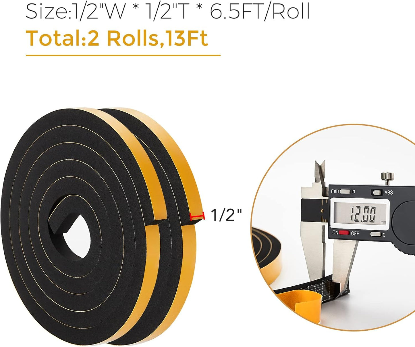 13 Feet Weather Stripping Door Seal - 1/2" Wide x 1/2" Thick Door Bottom Seal Strip High Density Foam Tape Adhesive Rubber Strip for Door Soundproofing, Window Insulation (Black)