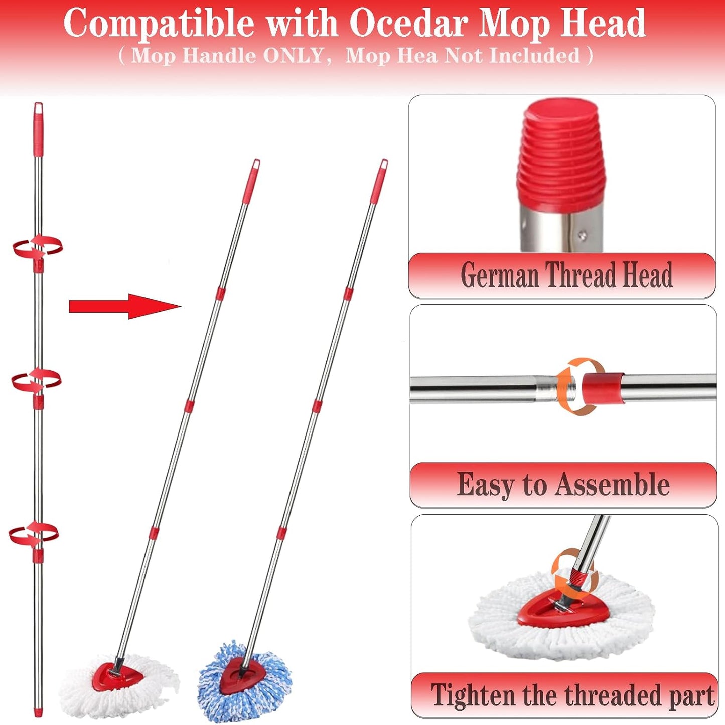 Spin Mop Replacement Handle, 4-Section 30-to-58 inch Mop Replacement Stick Compatible with Ocedar Mop Handle for Easy Wring Mop Refills, Germany Screw Joint (Red 2 Pack)