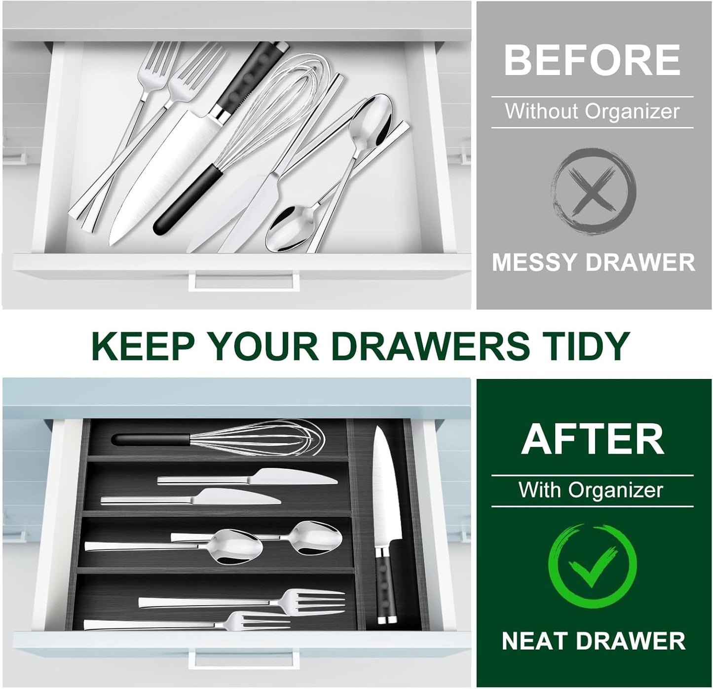 Small Silverware Organizer Utensil Tray 13"x9" Kitchen Drawer Organizers and Storage Wooden Utensil Holder Drawers Divider Narrow Black Cutlery Tray for Spoon Forks Bamboo Flatware Cutlery Organizer