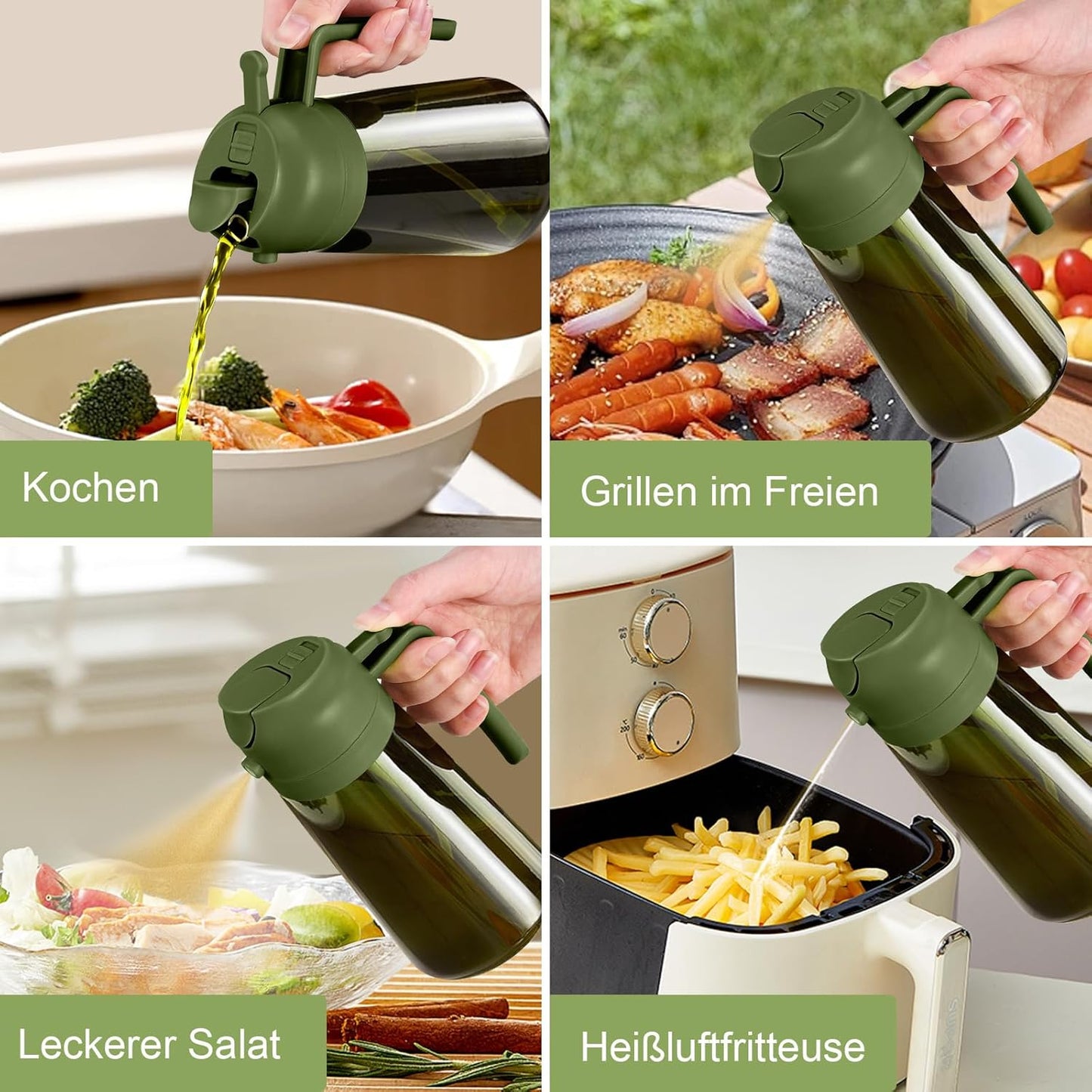 YARRAMATE 16oz/470ml Dark Green Oil Sprayer for Cooking with Stickers, Food-grade Premium 2 in 1 Olive Oil Dispenser Bottle for Kitchen Gadgets, Air Fryer, Salad, Frying, BBQ (OliveGreen)
