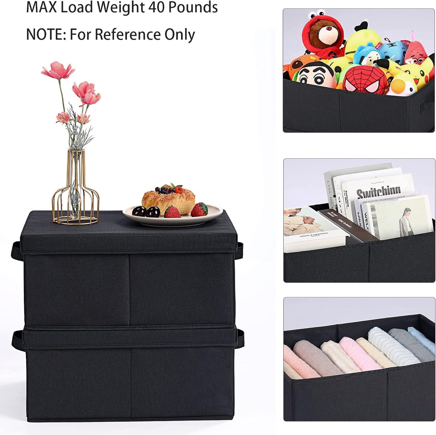 HOONEX Storage Bins with Lids for Organizing, Pack of 2, Storage Boxes with 2 Carrying Handles and Sturdy Heavy Cardboard, 16.5" L x 11.8" W x 7.5" H for Shoes, Books, Clothes, Black