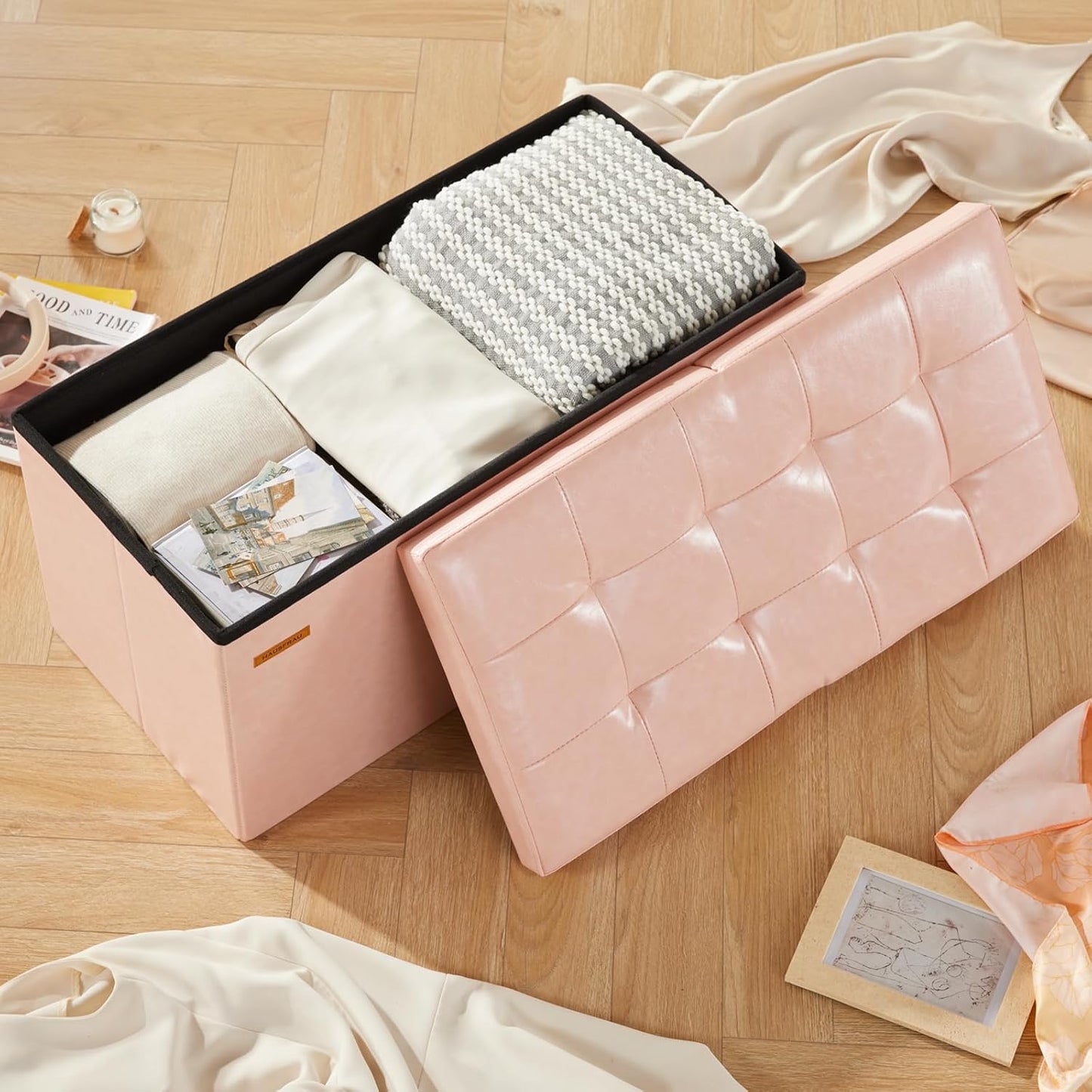 HAUSFRAU - 30 Inches Storage Ottoman Bench with Flipping Lid, Foldable Storage Chest Foot Rest for Living Room, Bedroom, Entryway, Load 660 lb, Synthetic Leather, Pale Pink